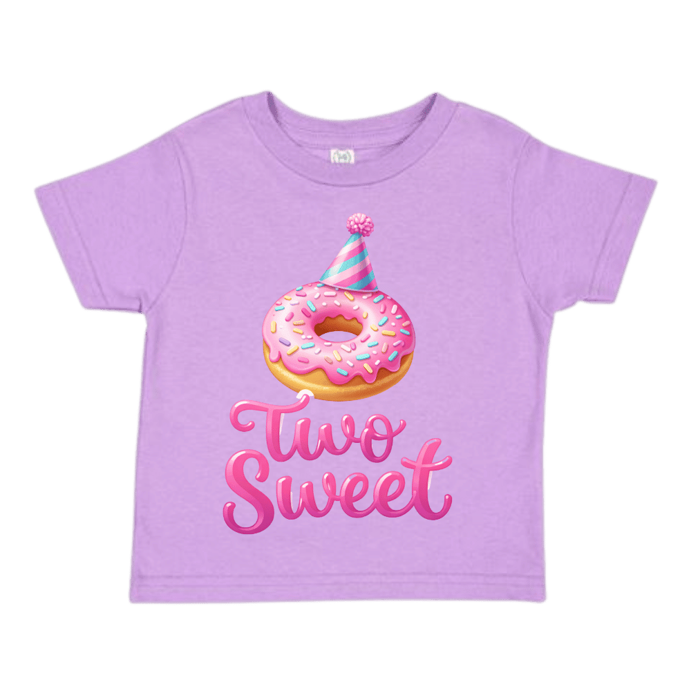 Purple t-shirt with a donut graphic and 'Two Sweet' text on a transparent background handmade to order by D&L Vinyl-Laser