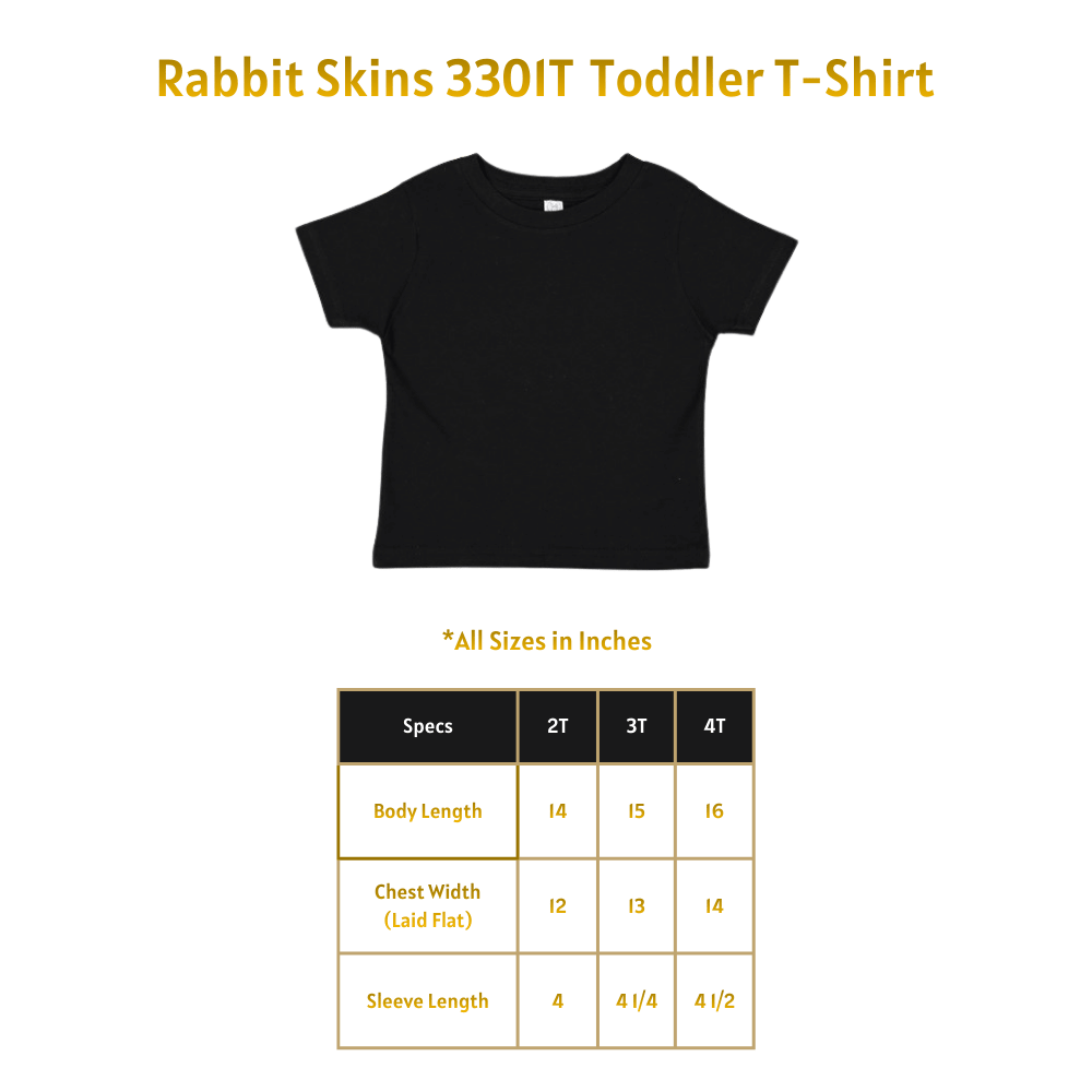 Black t-shirt with size chart on a green background