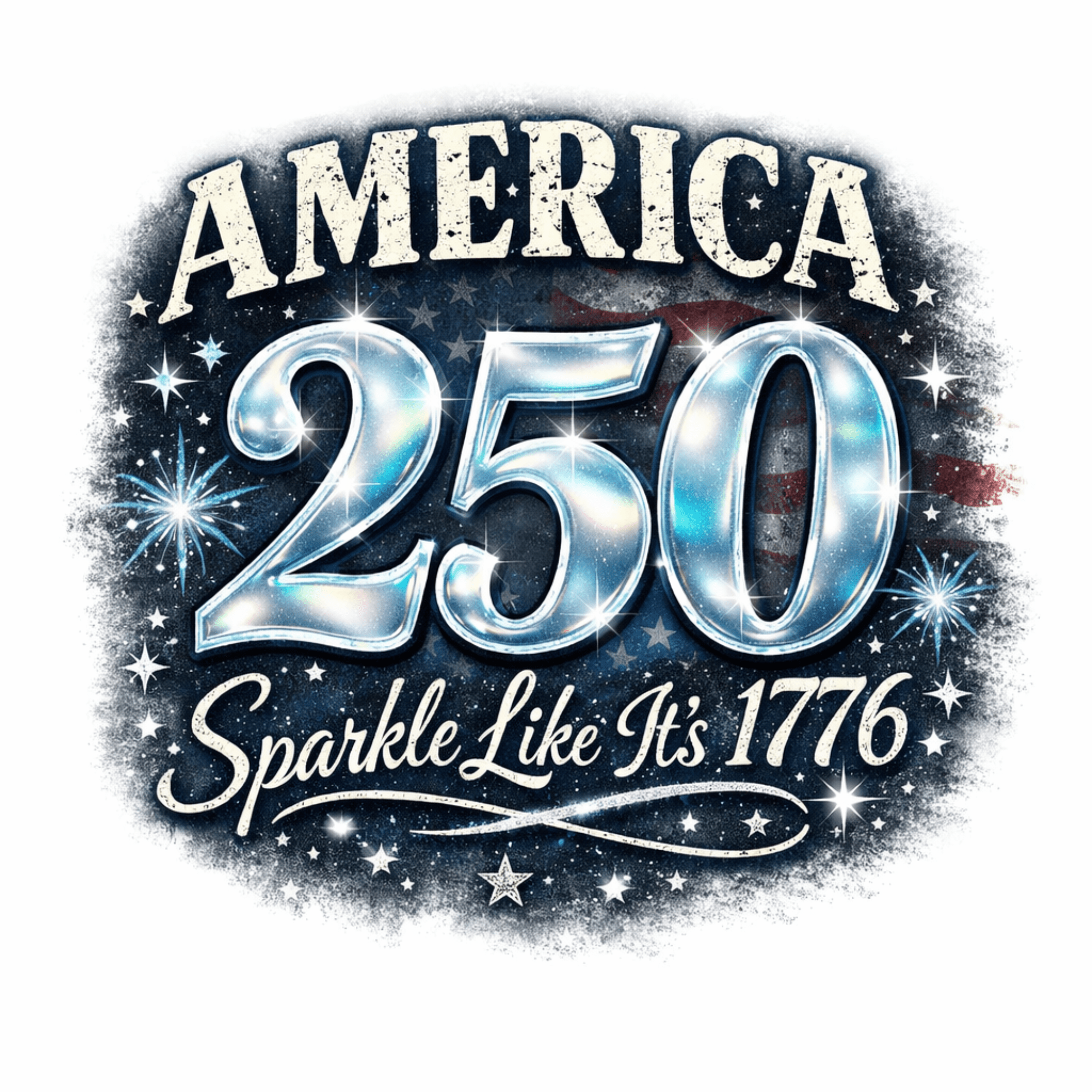 Celebratory graphic for America's 250th anniversary with sparkling text and stars.