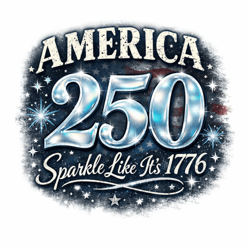 Celebratory graphic for America's 250th anniversary with sparkling text and stars.