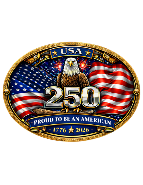 Patriotic USA 250 sticker with bald eagle, American flags, and proud to be an American banner