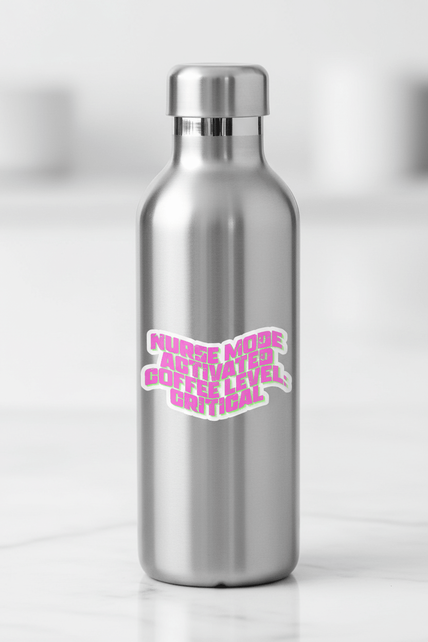 Silver water bottle with pink text on a white background