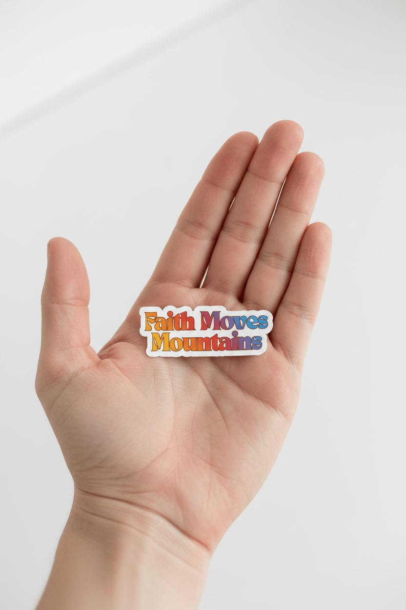 Hand holding a colorful 'Faith Moves Mountains' sticker on a white background