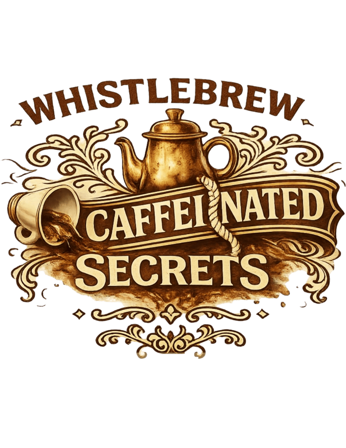 Decorative logo for 'Whistlebrew Caffeinated Secrets' with a teapot and coffee cup design.