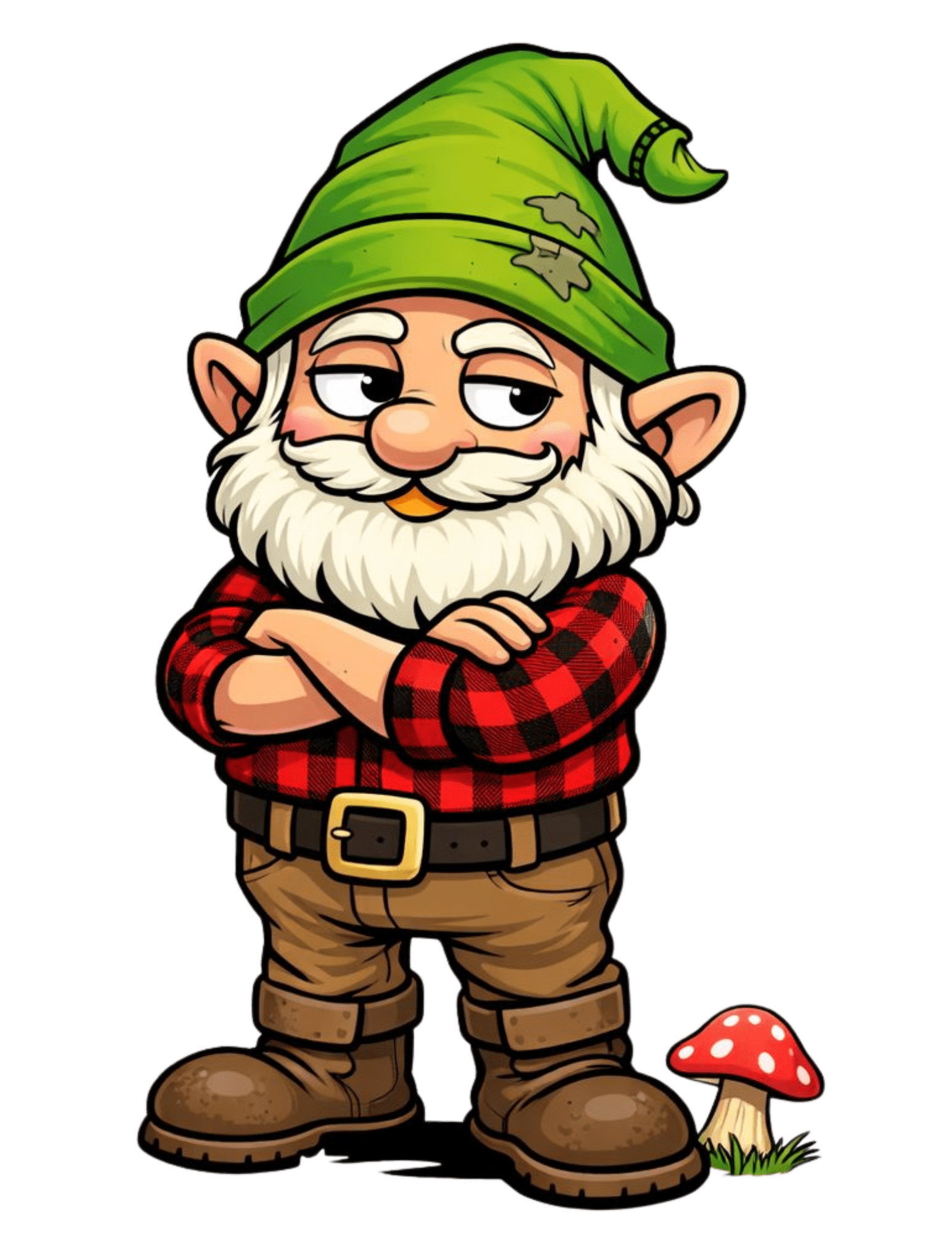 Cartoon gnome with a green hat and red plaid shirt standing next to a mushroom on a white background