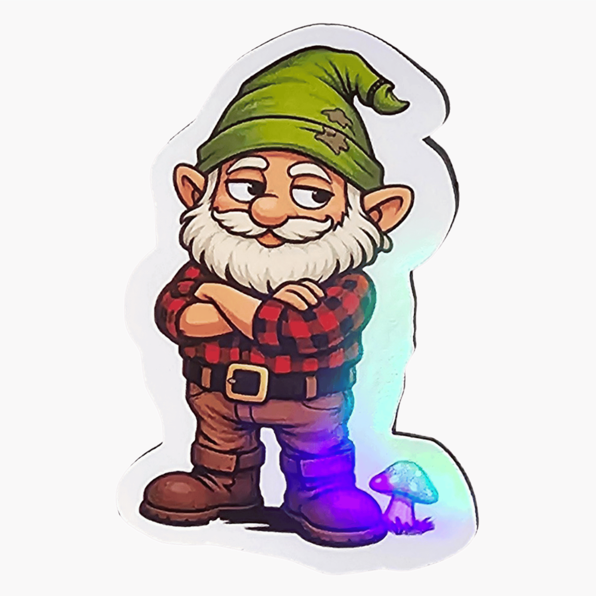 Gnome with green hat, plaid red shirt, arms crossed, against a brown background.