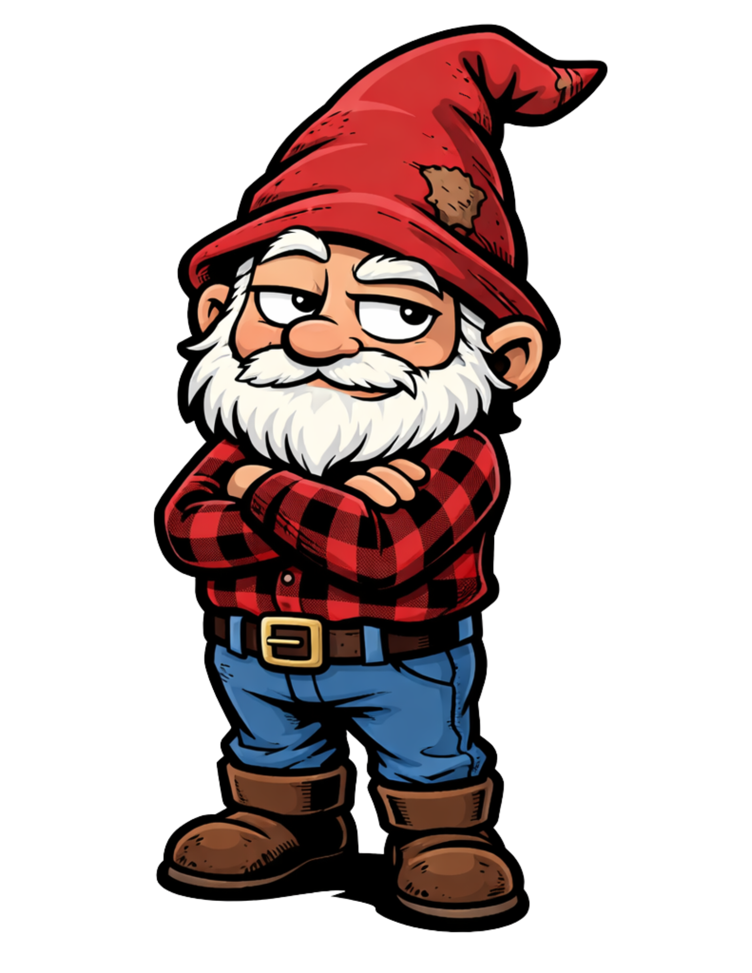 Cartoon gnome with a red hat and plaid shirt on a white background