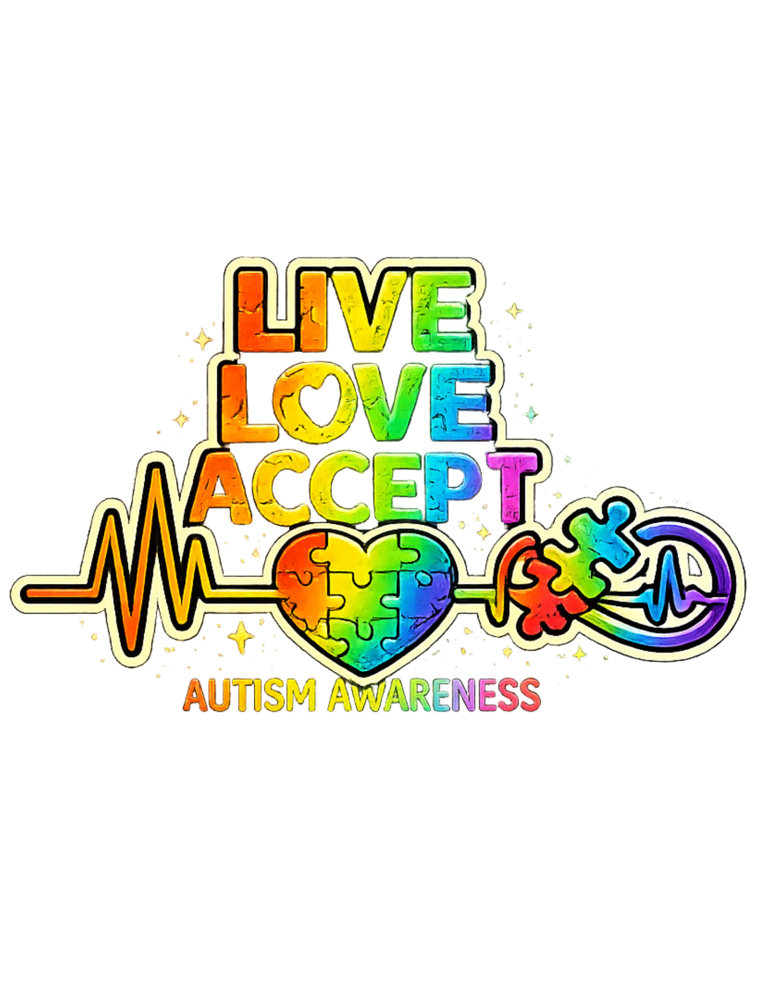 Autism awareness graphic with colorful text and symbols on a white background