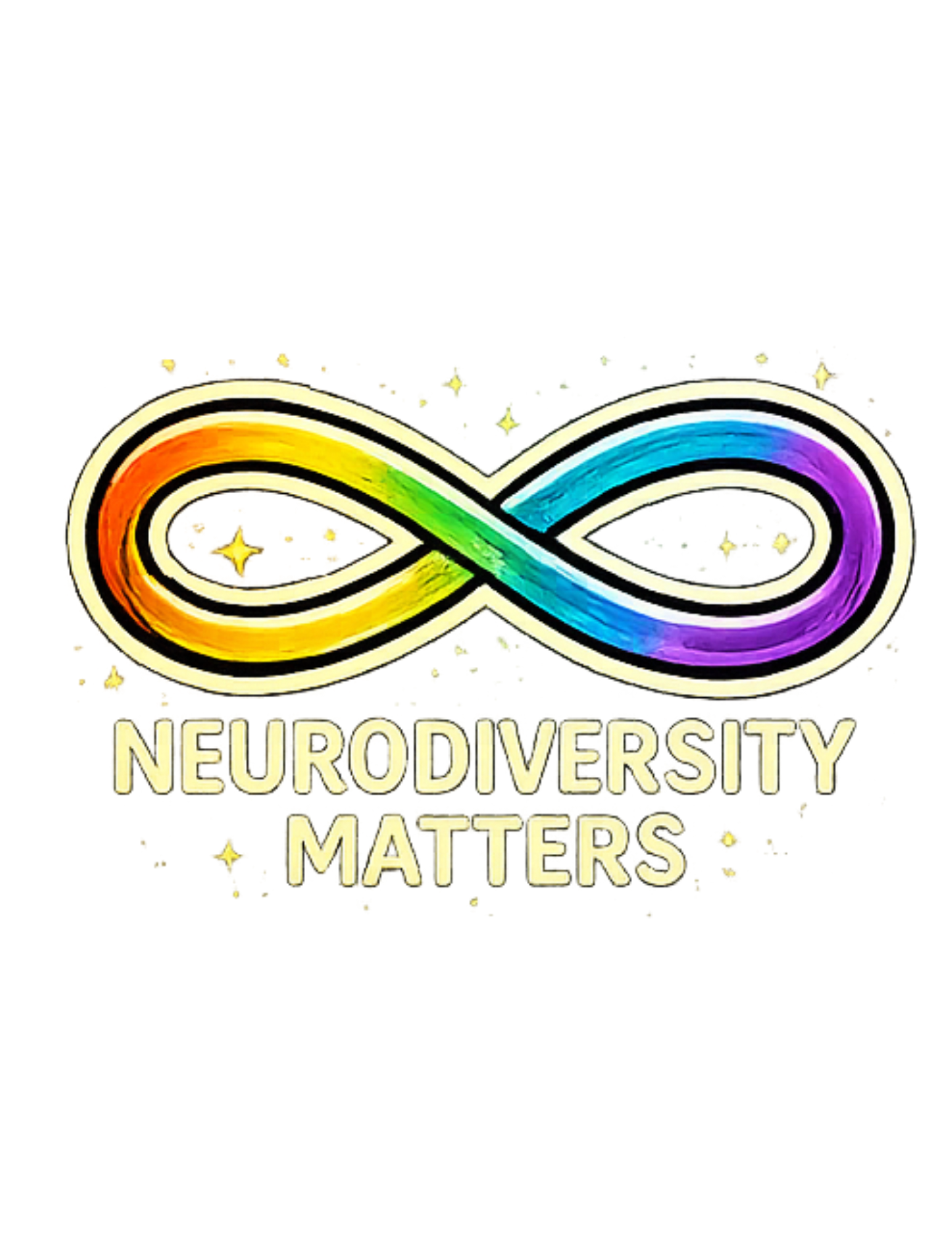 Rainbow infinity symbol with 'Neurodiversity Matters' text on a white background