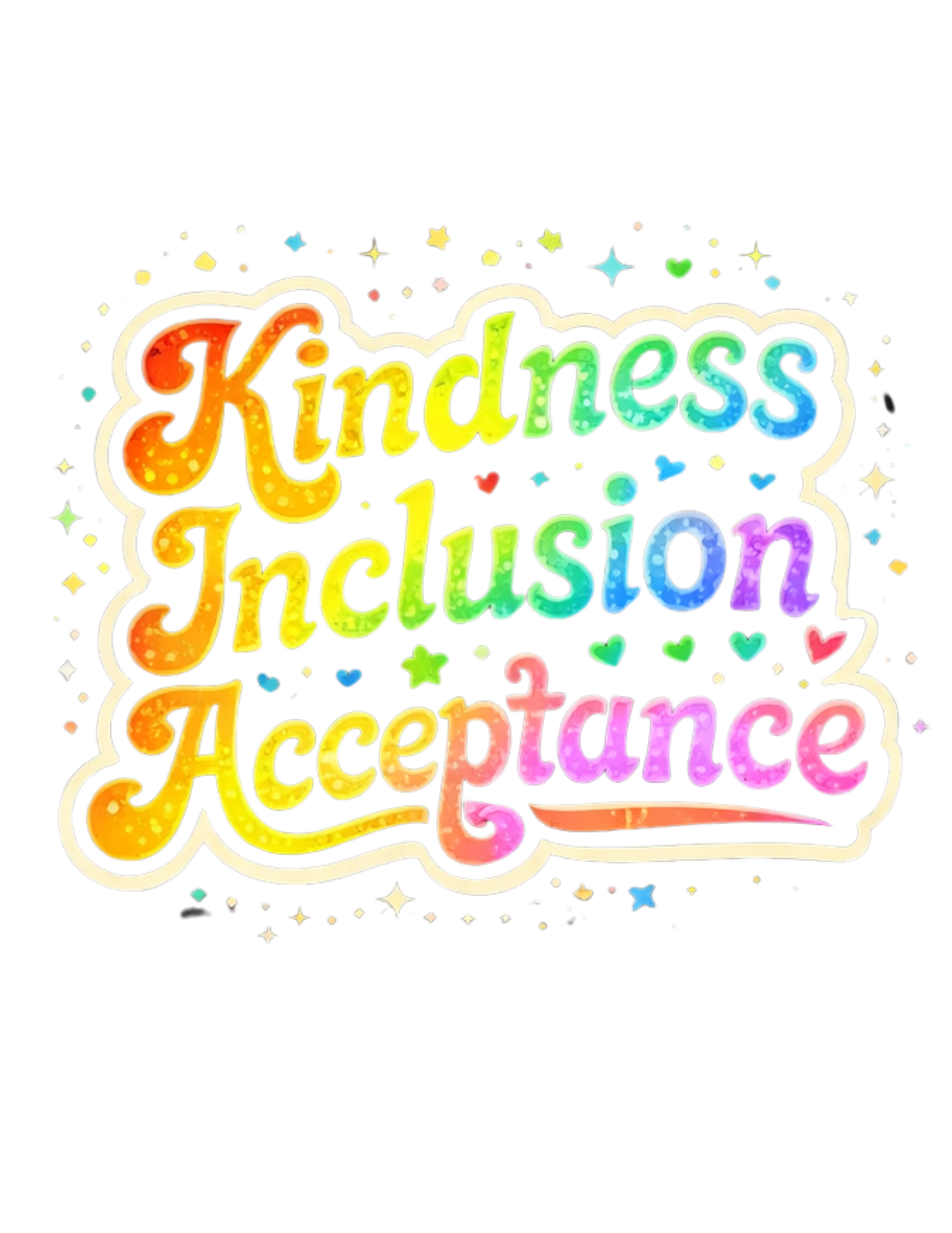 Colorful text 'Kindness Inclusion Acceptance' with decorative elements on a white background