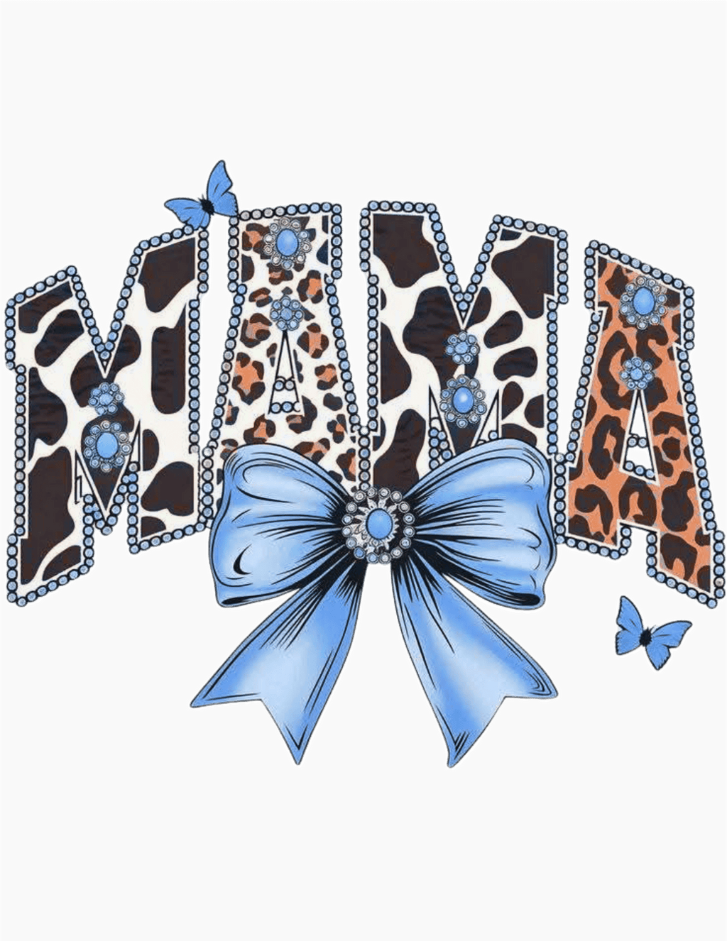 Design with 'MAMA' text in leopard print and blue bow on a dark background