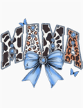 Design with 'MAMA' text in leopard print and blue bow on a dark background