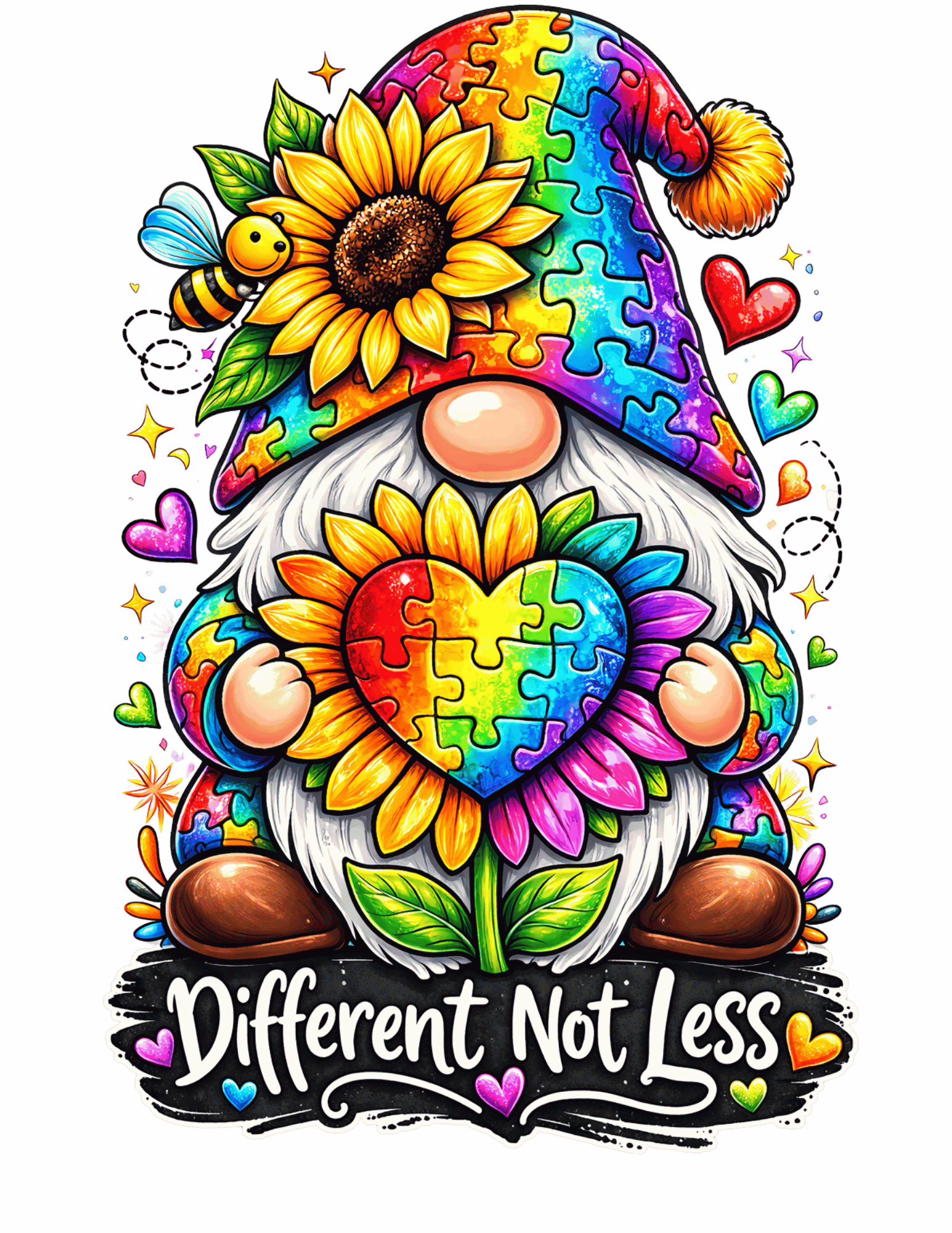 Colorful gnome with puzzle pieces, flowers, and hearts on a gray background with 'Different Not Less' text.