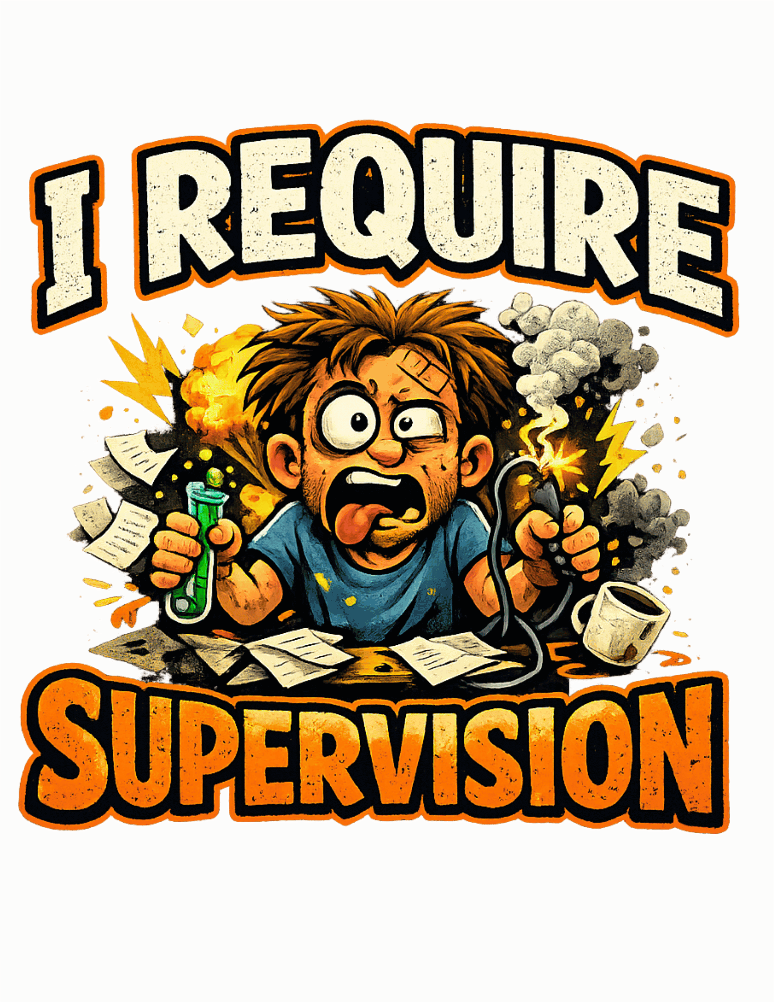 Cartoon character holding a green light bulb and a cup with text 'I REQUIRE SUPERVISION' on a green background