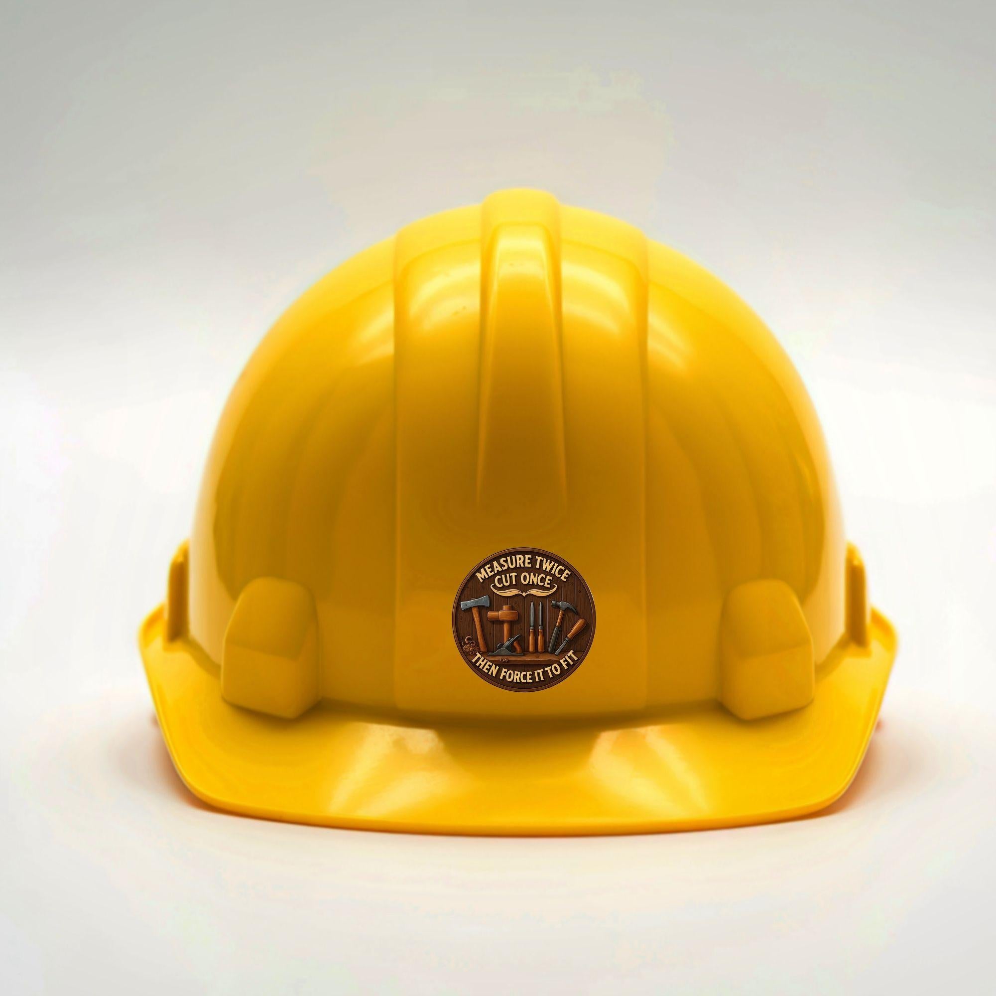 Yellow hard hat with a logo on a white background