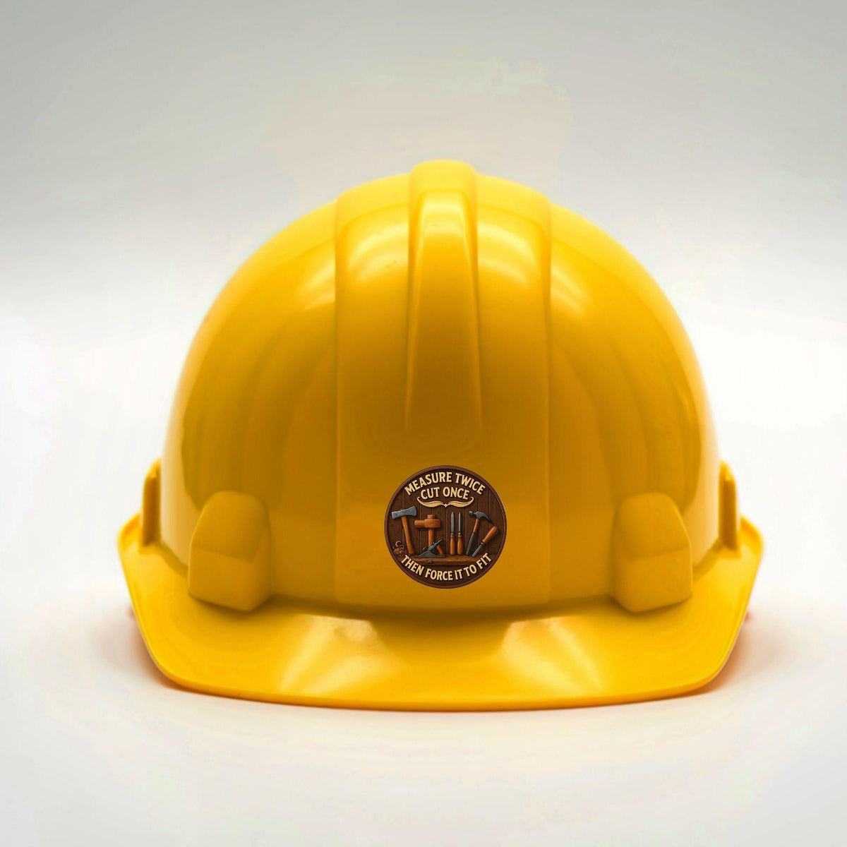 Yellow hard hat with a logo on a white background