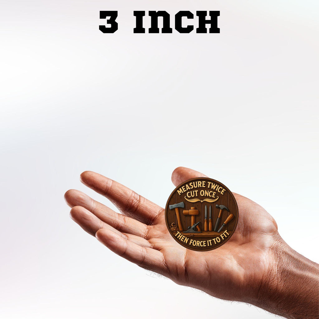 Hand holding a circular wooden sign with text and tool illustrations, labeled '3 Inch'.