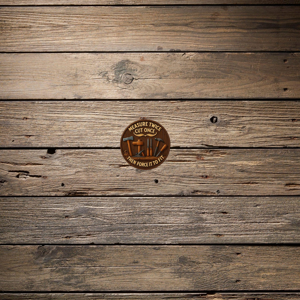 Wooden background with a circular emblem featuring tools and text.