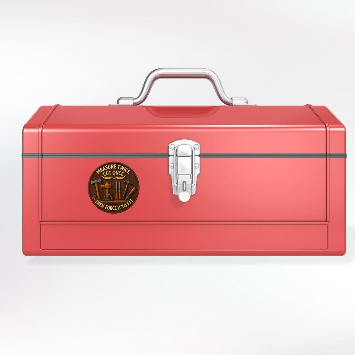 Red toolbox with a metallic emblem on a white background