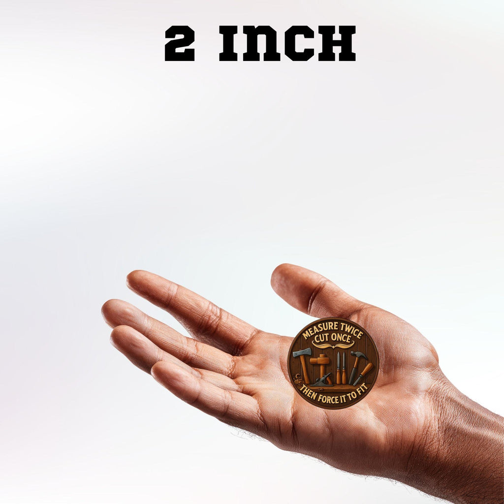 Hand holding a circular object with text on a white background