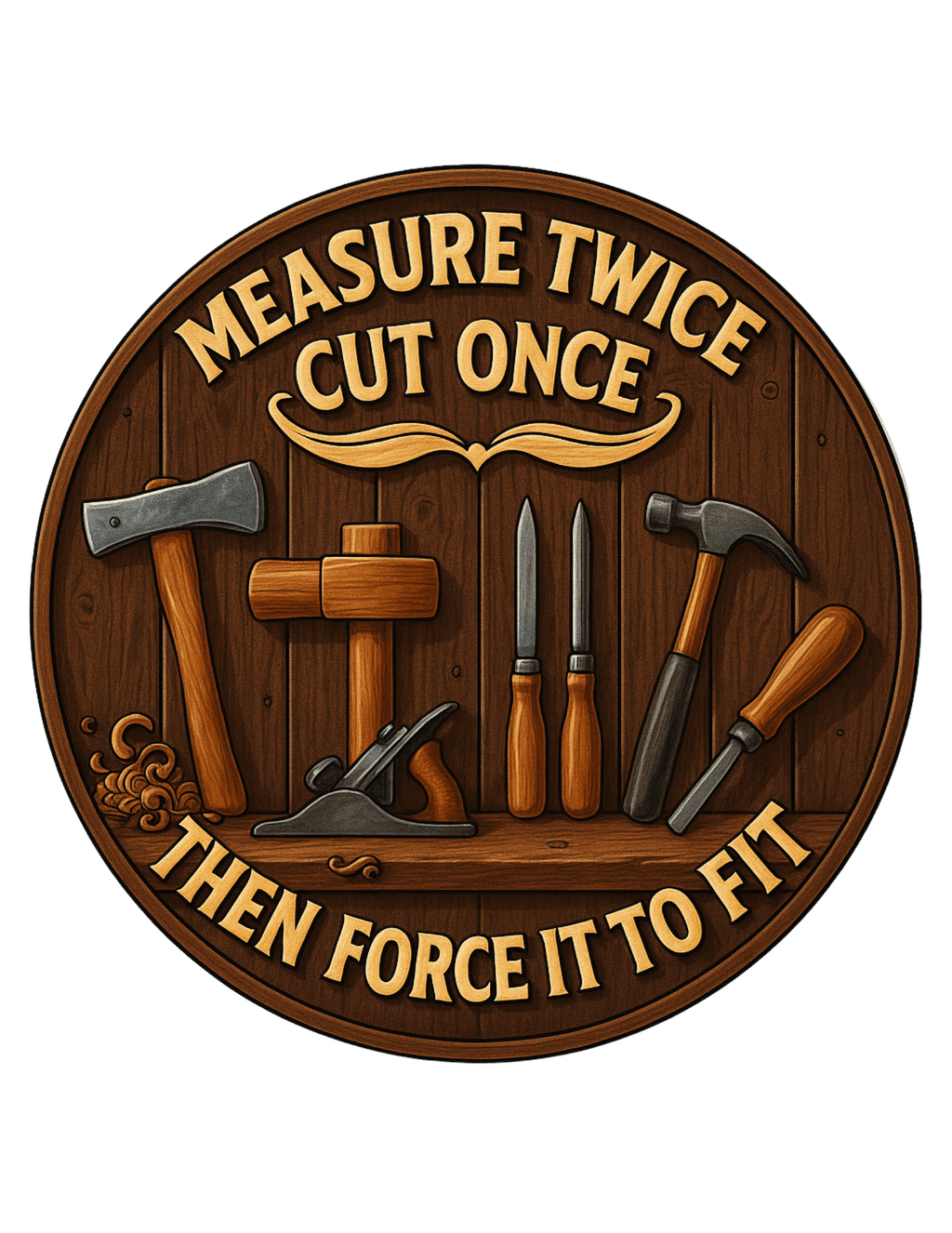 Decorative emblem with tools and text 'Measure Twice, Cut Once, Then Force It to Fit' on a wooden background.