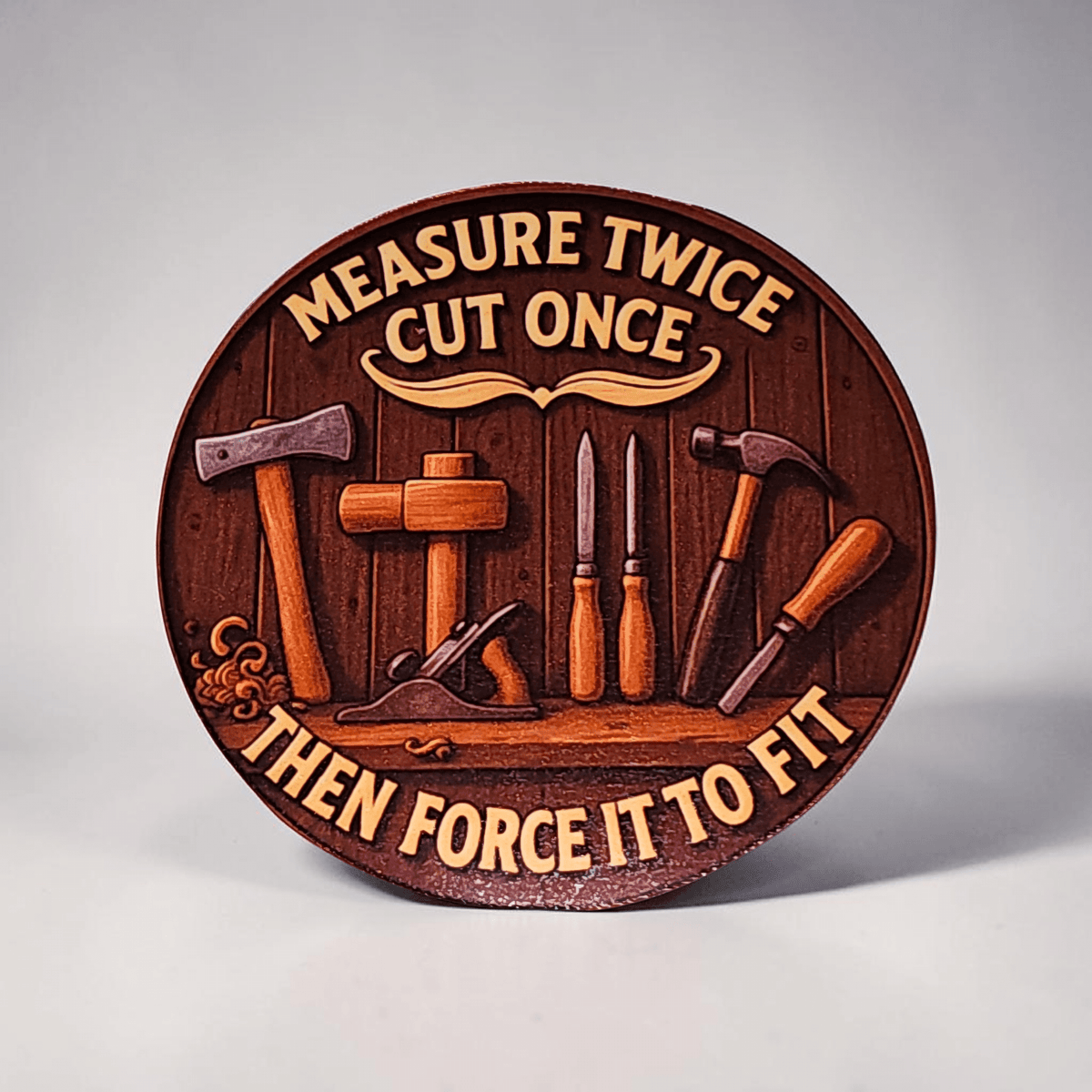 Wooden plaque with tools and engraved text on a gray background