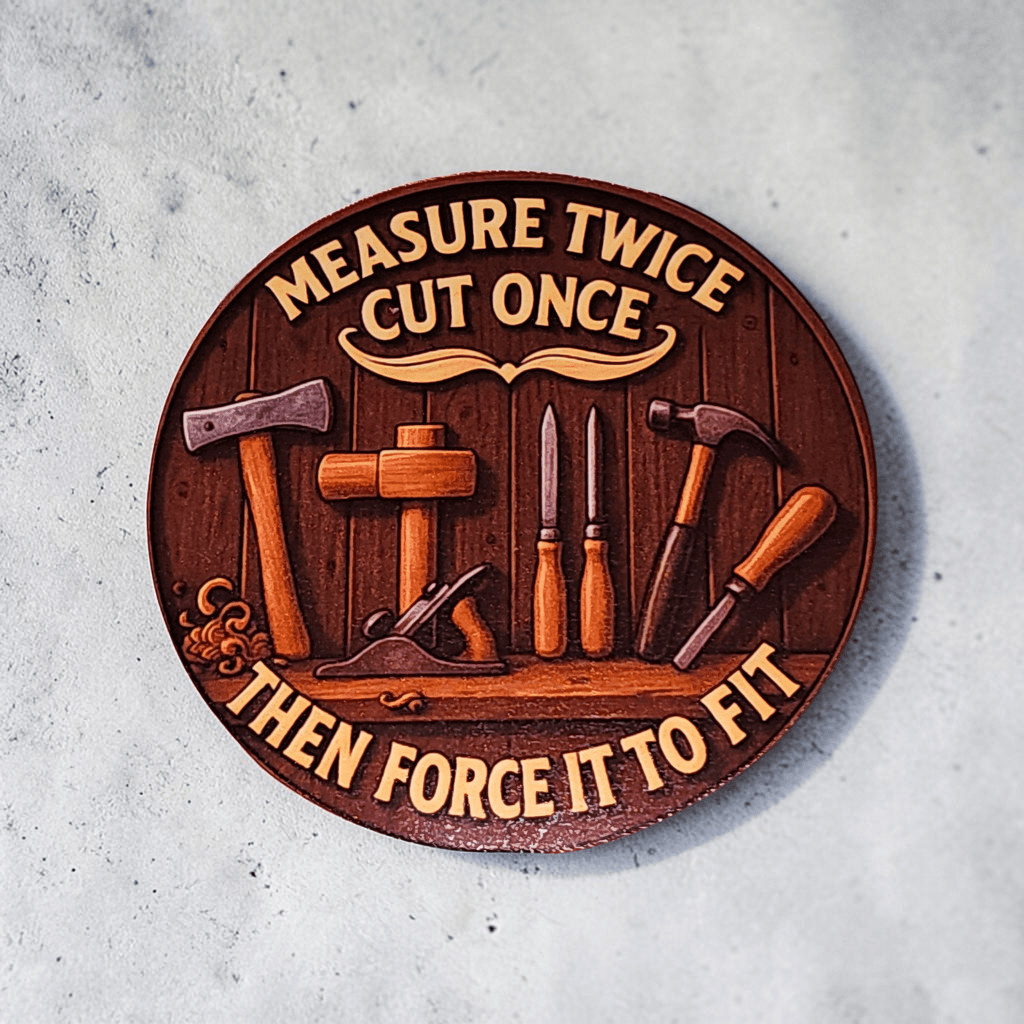 Decorative wooden plaque with tools and engraved text on a gray background