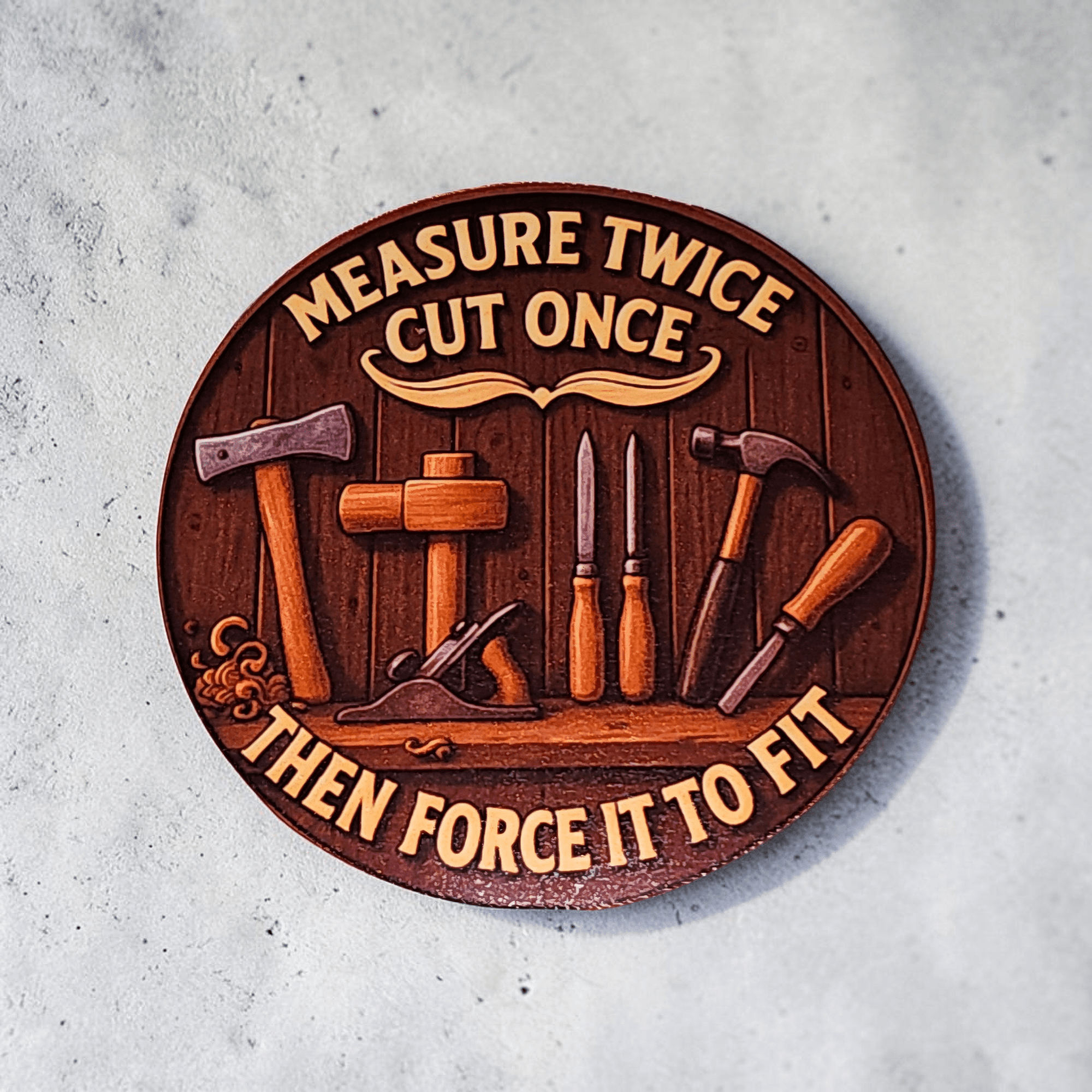 Decorative wooden plaque with tools and engraved text on a gray background