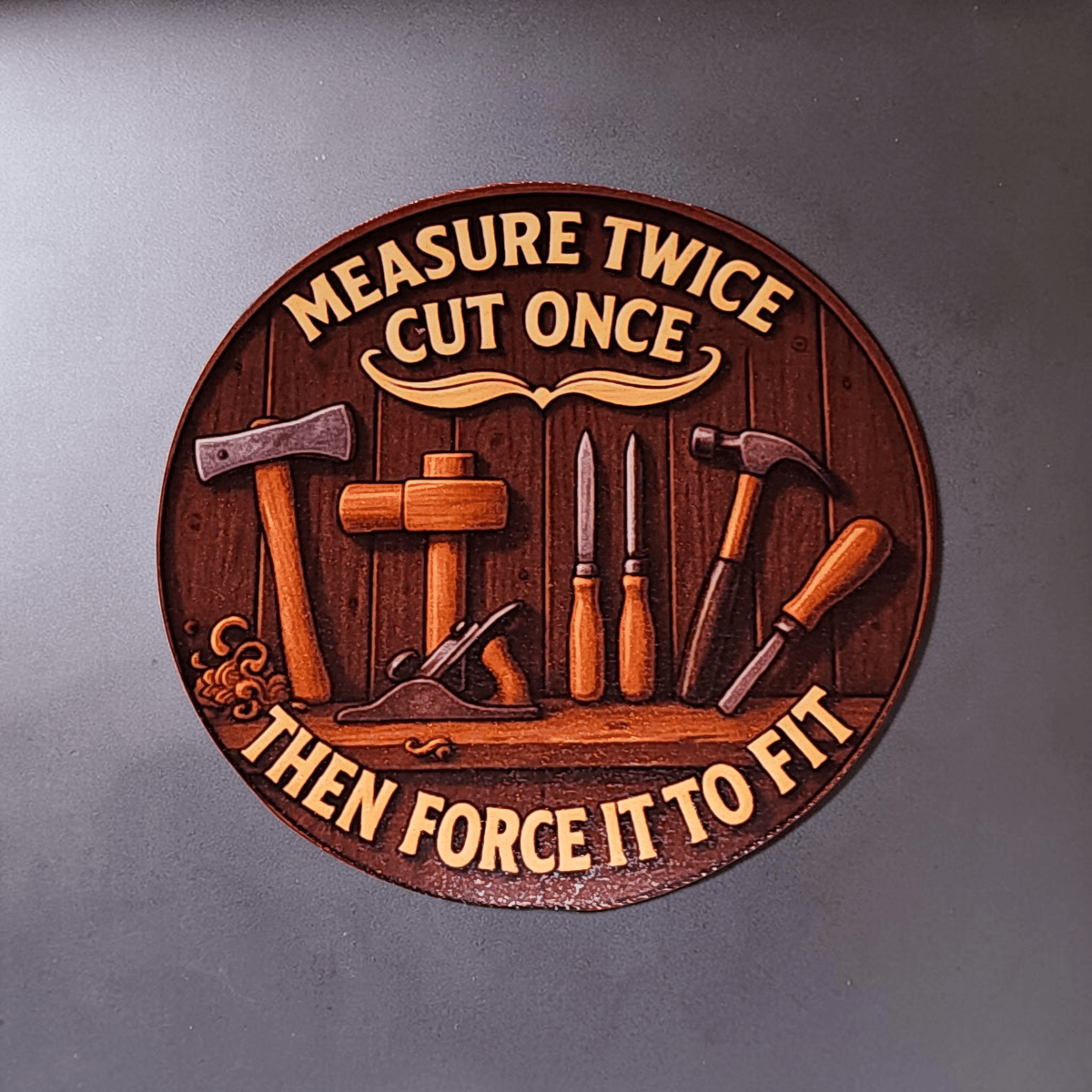 Decorative wall plaque with tools and engraved text on a gray background