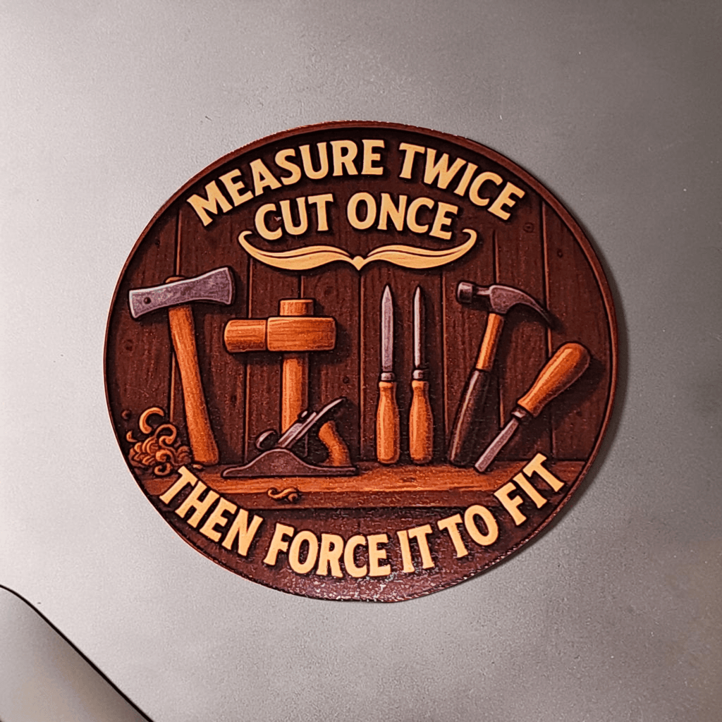 Wooden plaque with tools and engraved text on a metallic surface