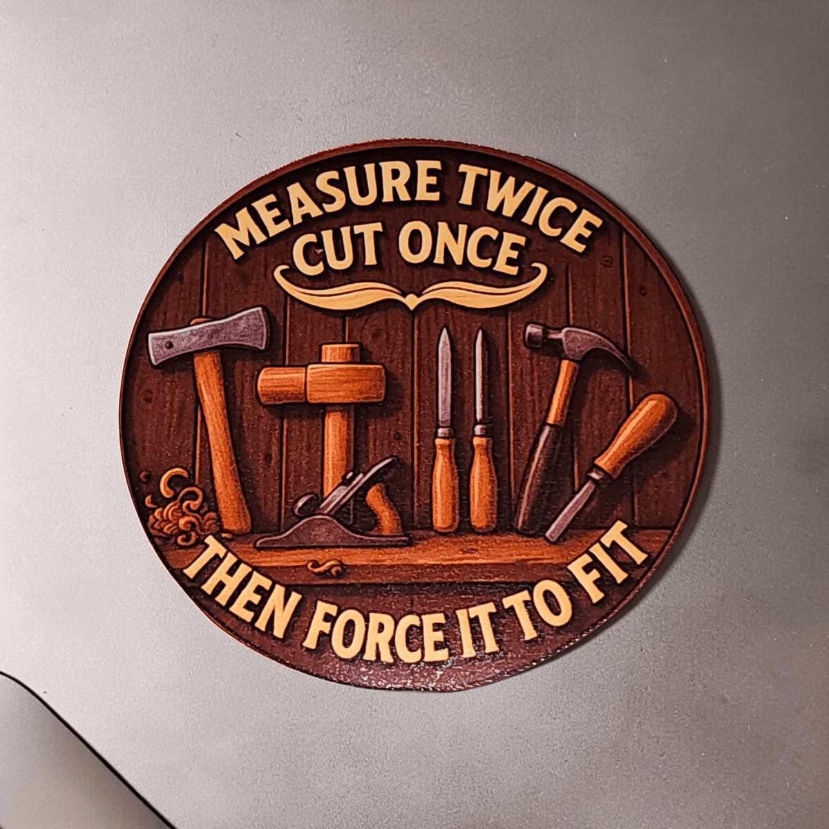 Wooden plaque with tools and engraved text on a metallic surface