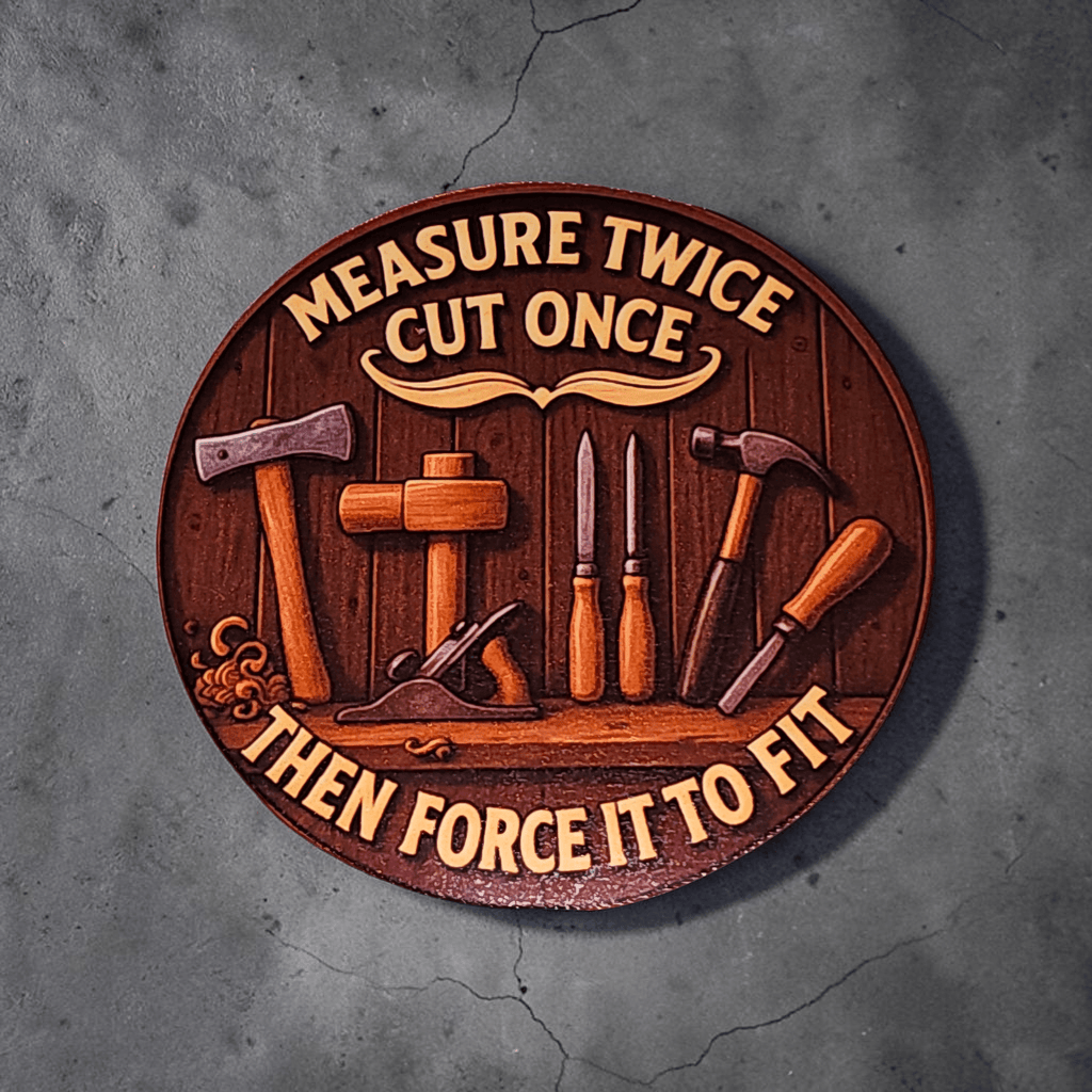 Decorative wooden sign with tools and engraved text on a concrete background
