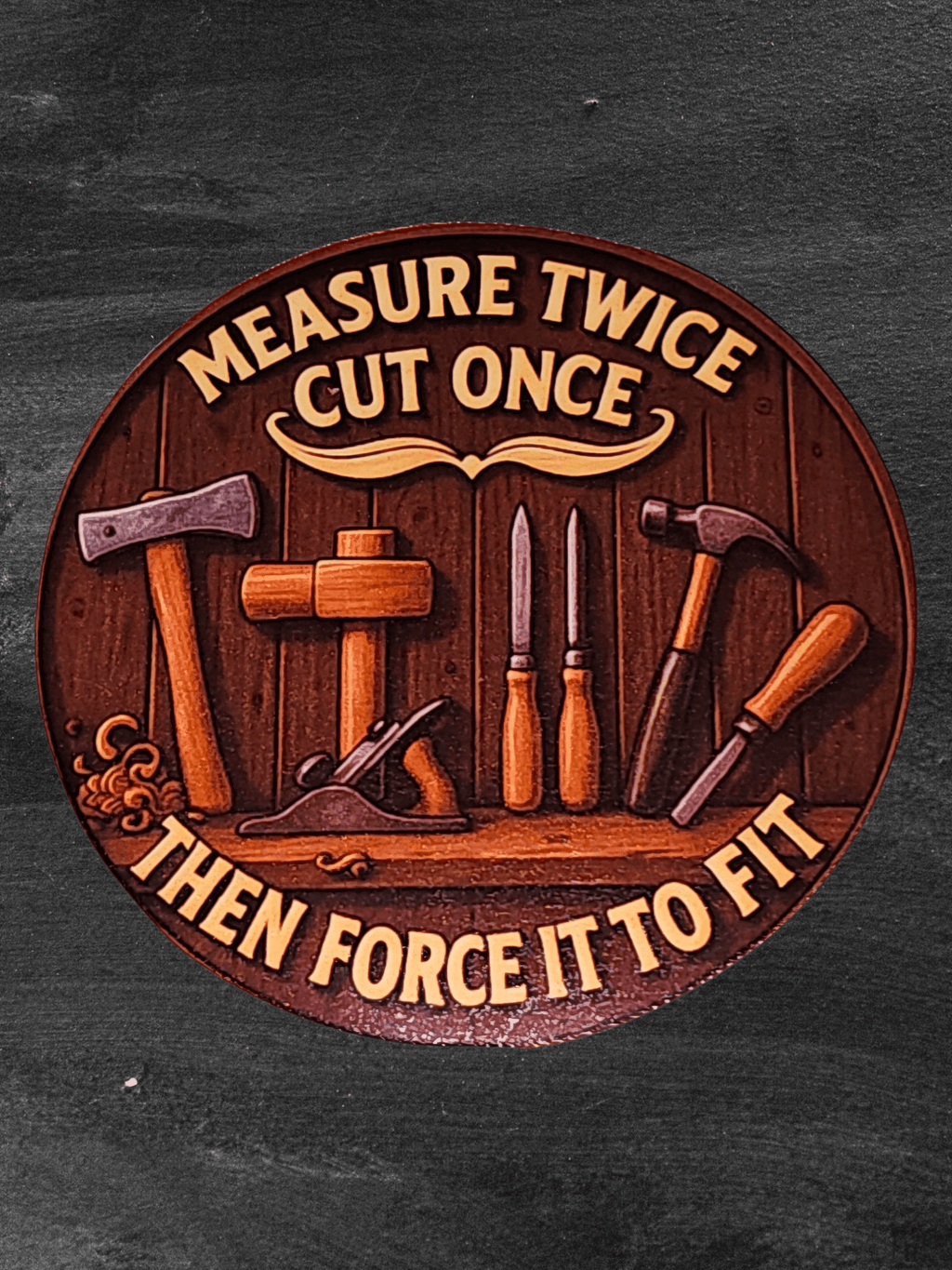 Decorative wooden sign with tools and engraved text on a concrete background