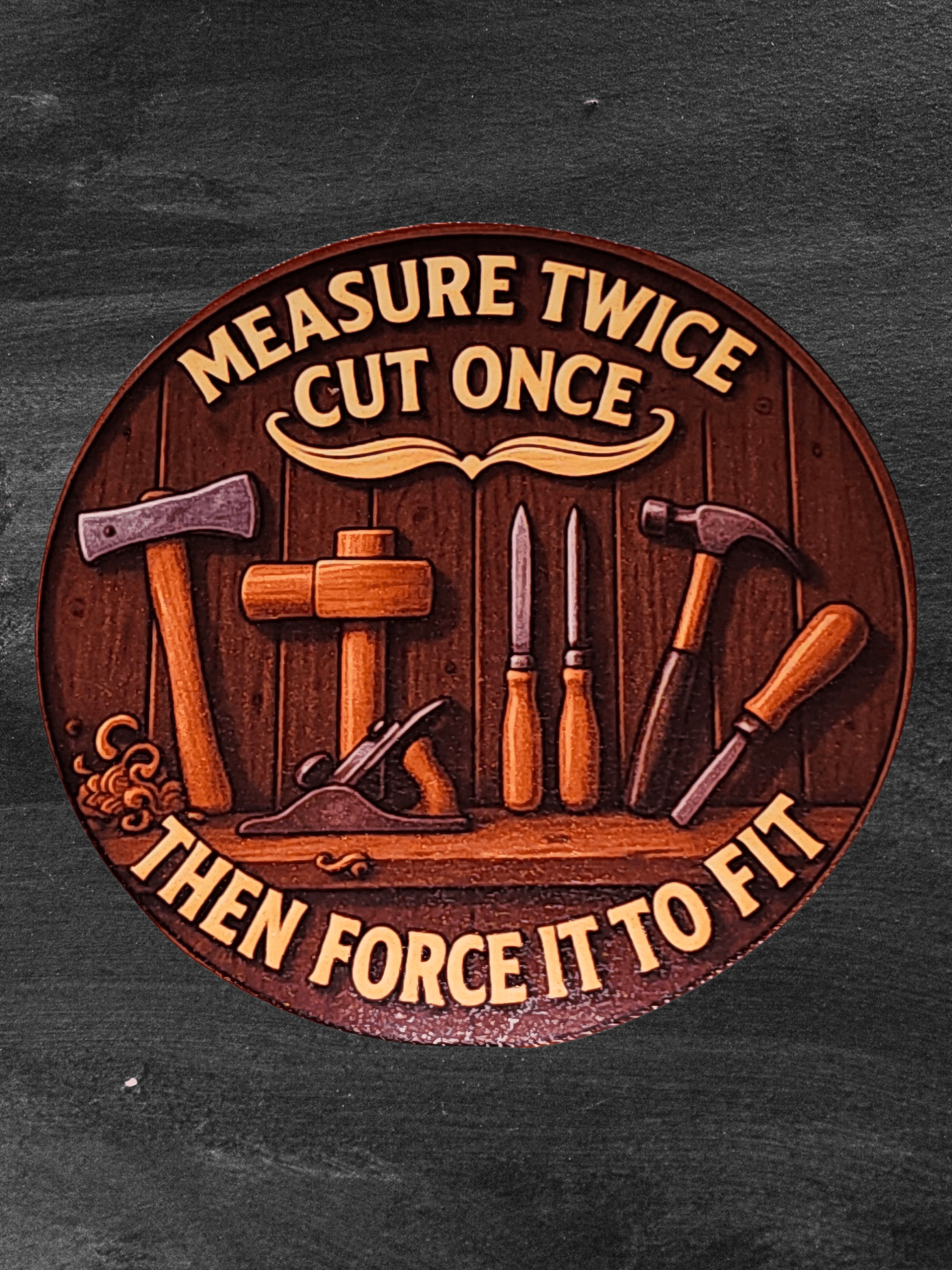 Decorative wooden sign with tools and engraved text on a concrete background