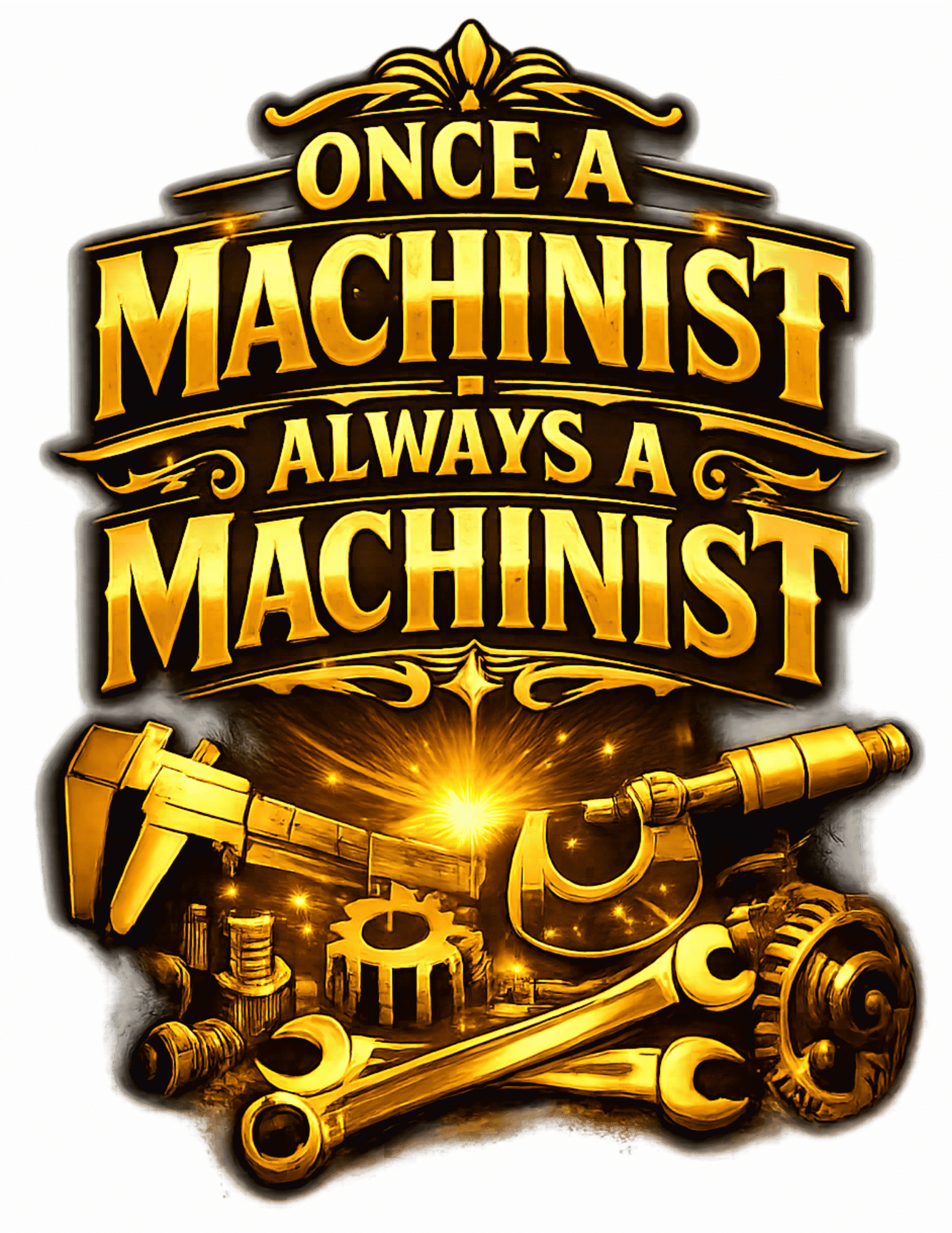 Decorative logo with 'Once a Machinist, Always a Machinist' text and mechanical elements on a dark background.