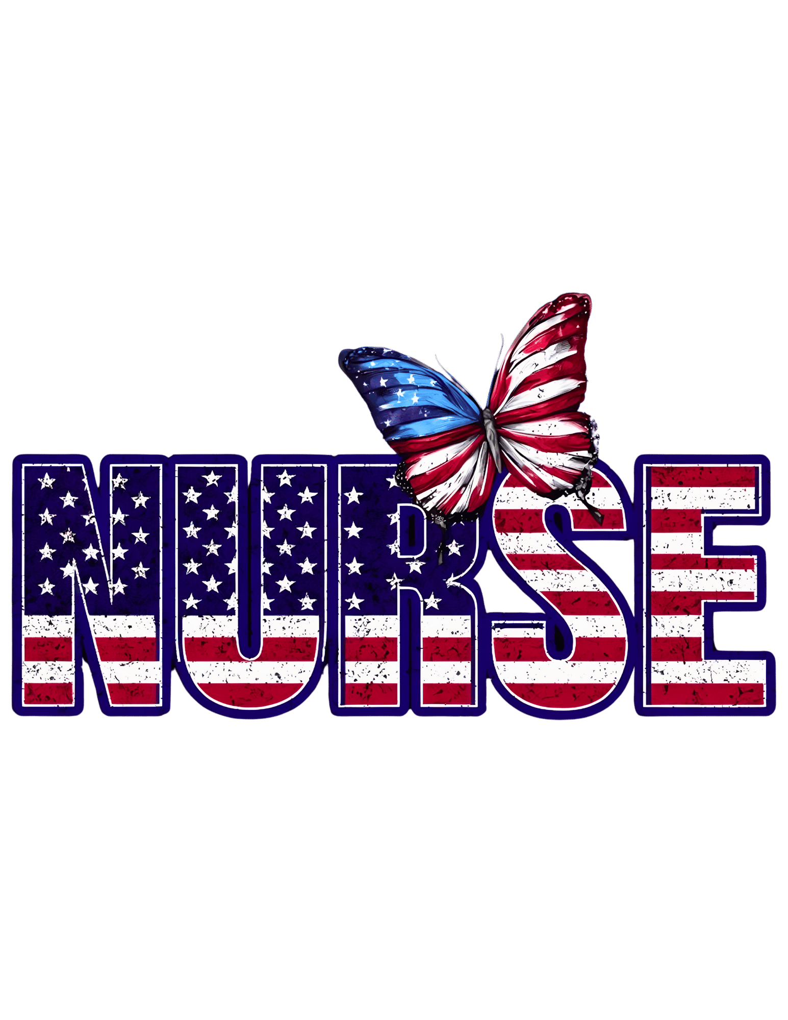 American flag-themed 'NURSE' text with a butterfly on a green background