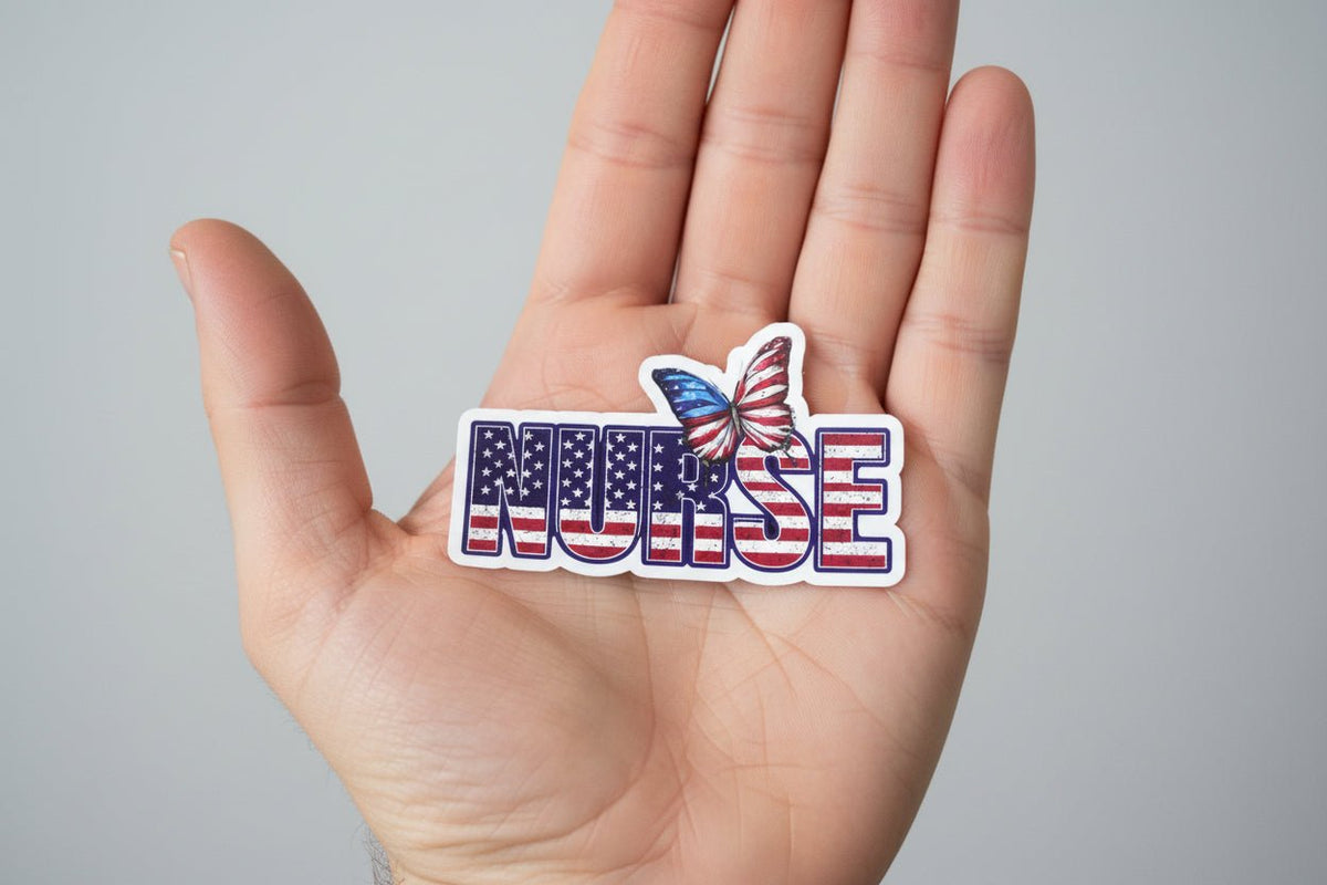 Butterfly with American flag design on the word 'NURSE' on a white background