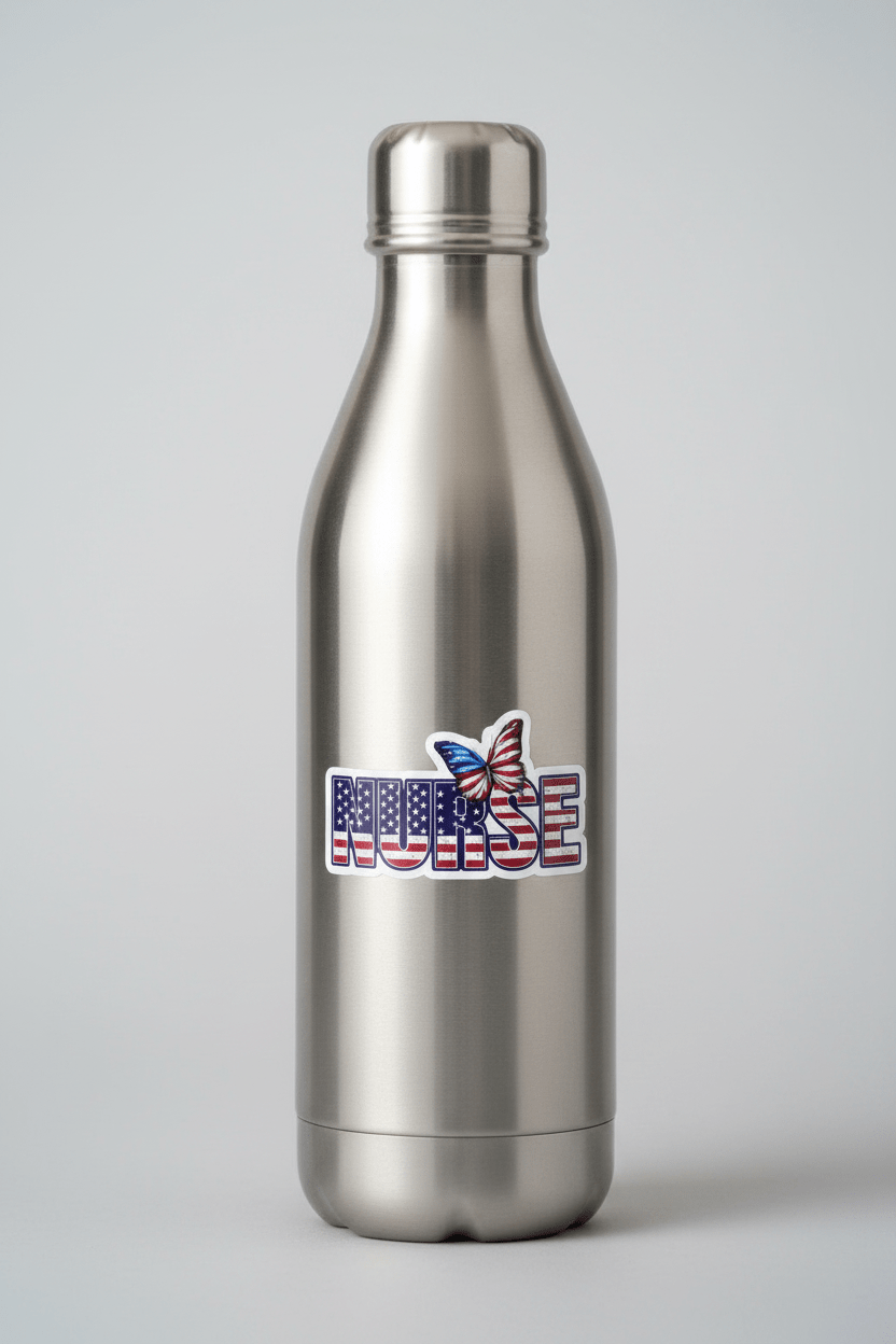 Silver water bottle with a 'Nurse' sticker on a light gray background