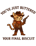 Cat in cowboy outfit holding a revolver with text on a green background