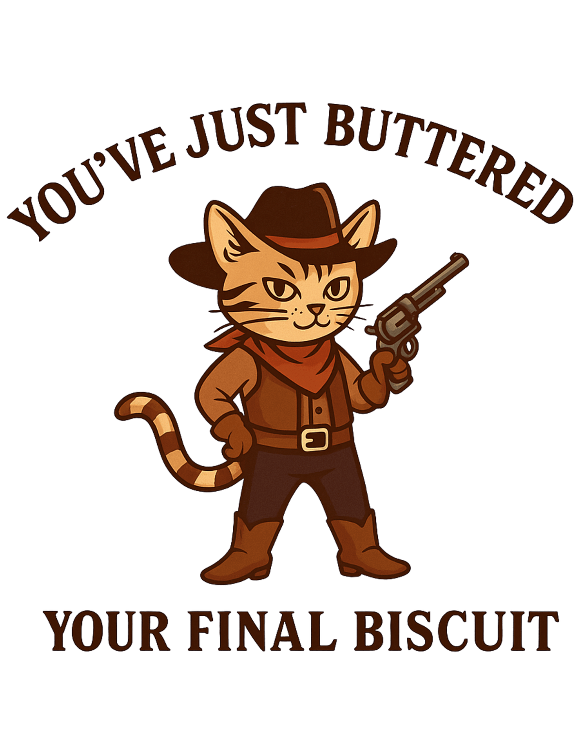 Cat in cowboy outfit holding a revolver with text on a green background
