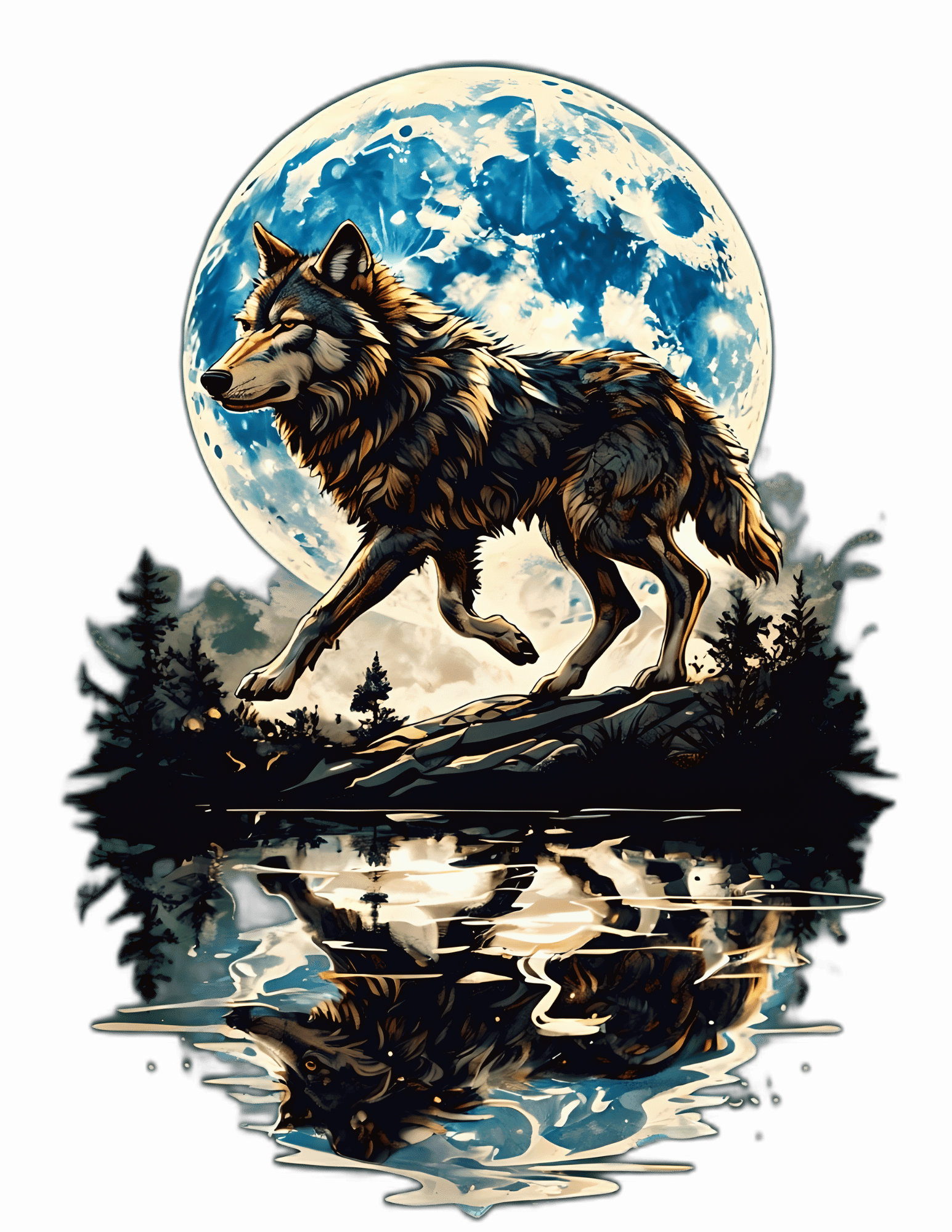 Wolf standing on a rock with a full moon reflected in water