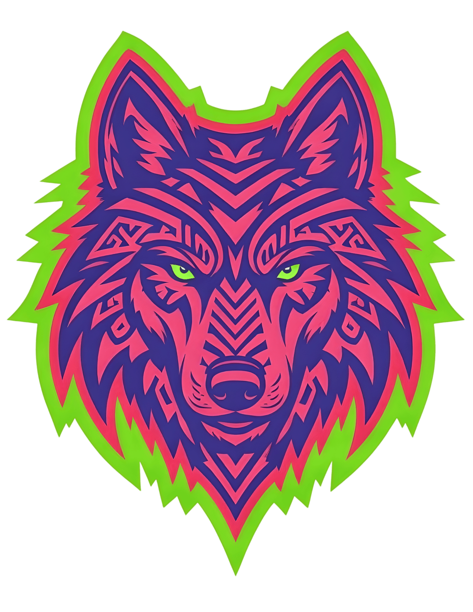 Colorful wolf head design on a green background
