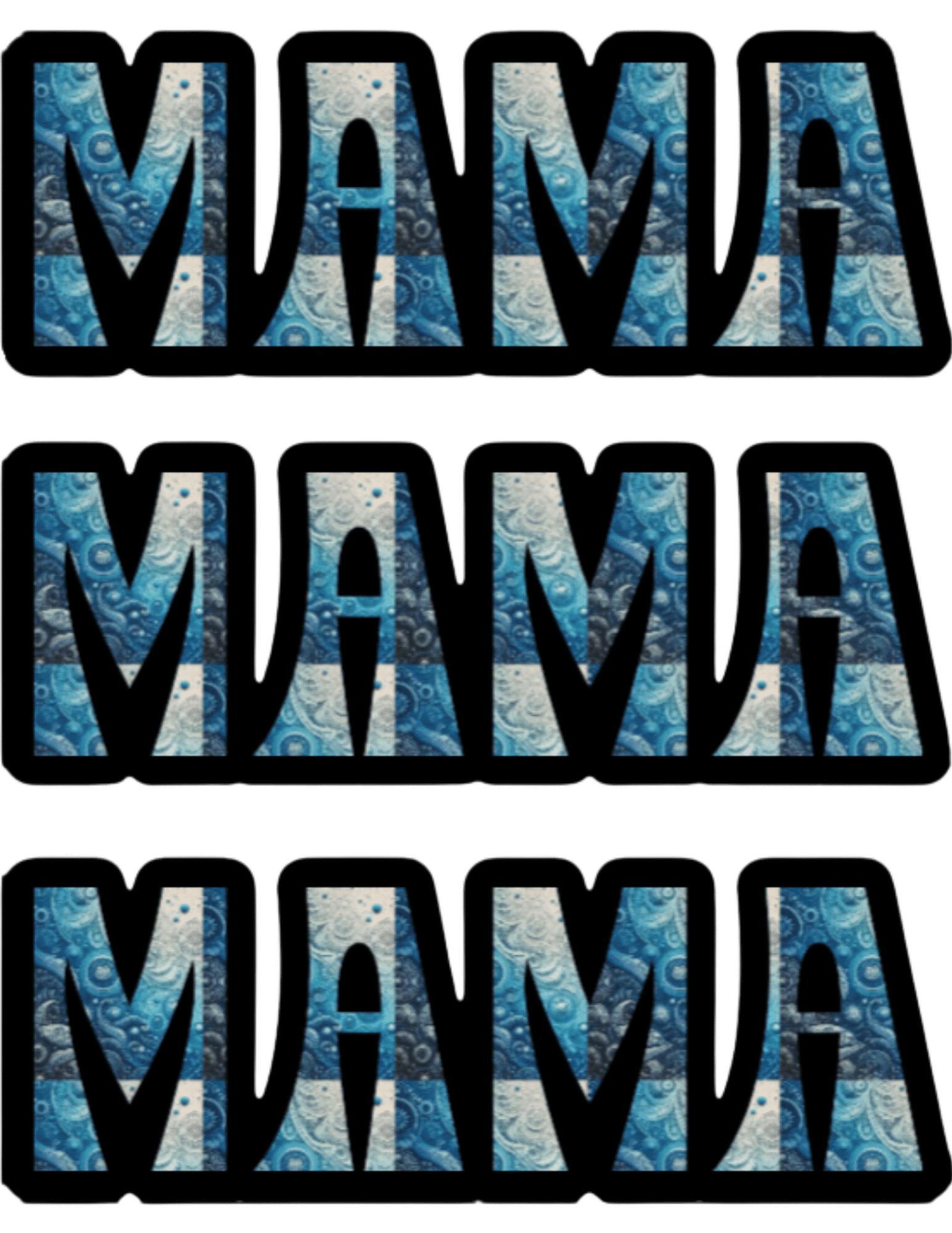 Repeating pattern of 'MAMA' text with blue and white design on a green background