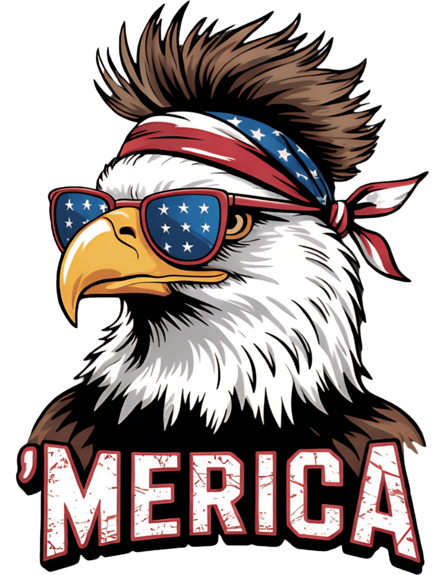 Eagle wearing sunglasses and a bandana with 'Merica text on a white background