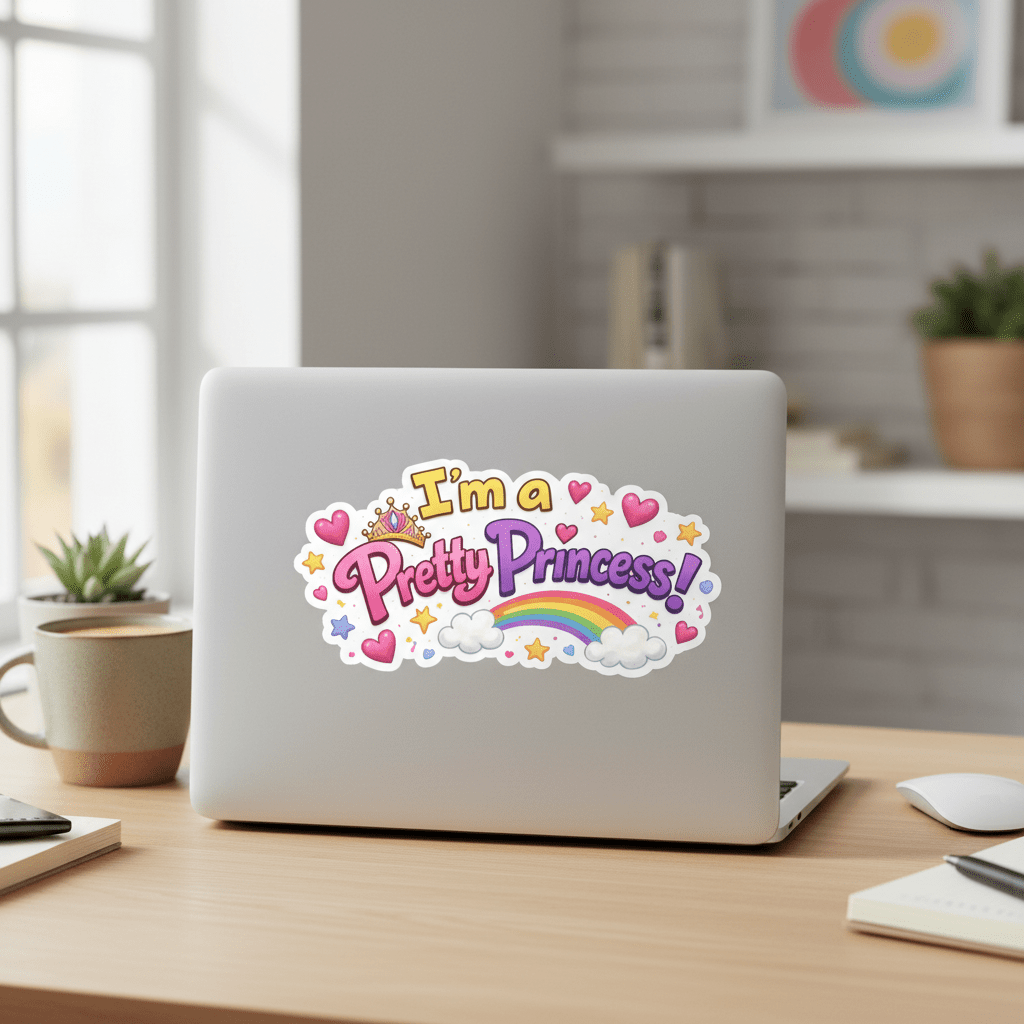 Laptop with a 'I'm a Pretty Princess!' sticker on a desk in a bright room.