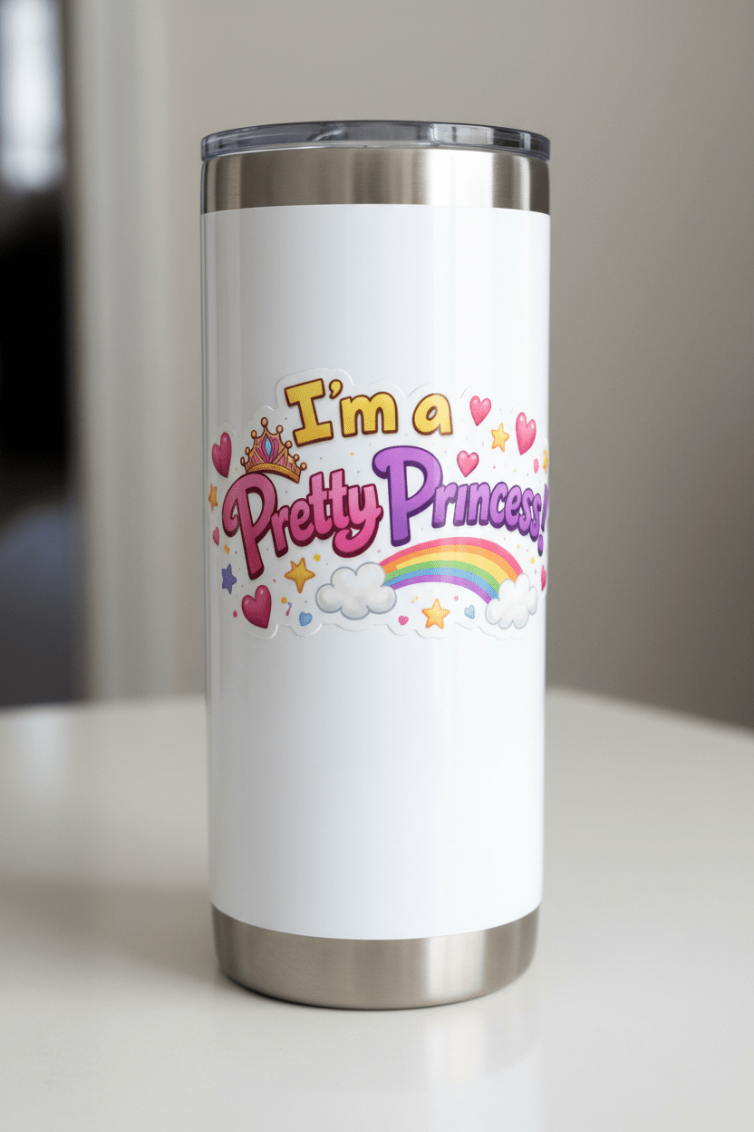 Colorful text 'I'm a Pretty Princess!' with hearts, stars, and a rainbow on a green background.