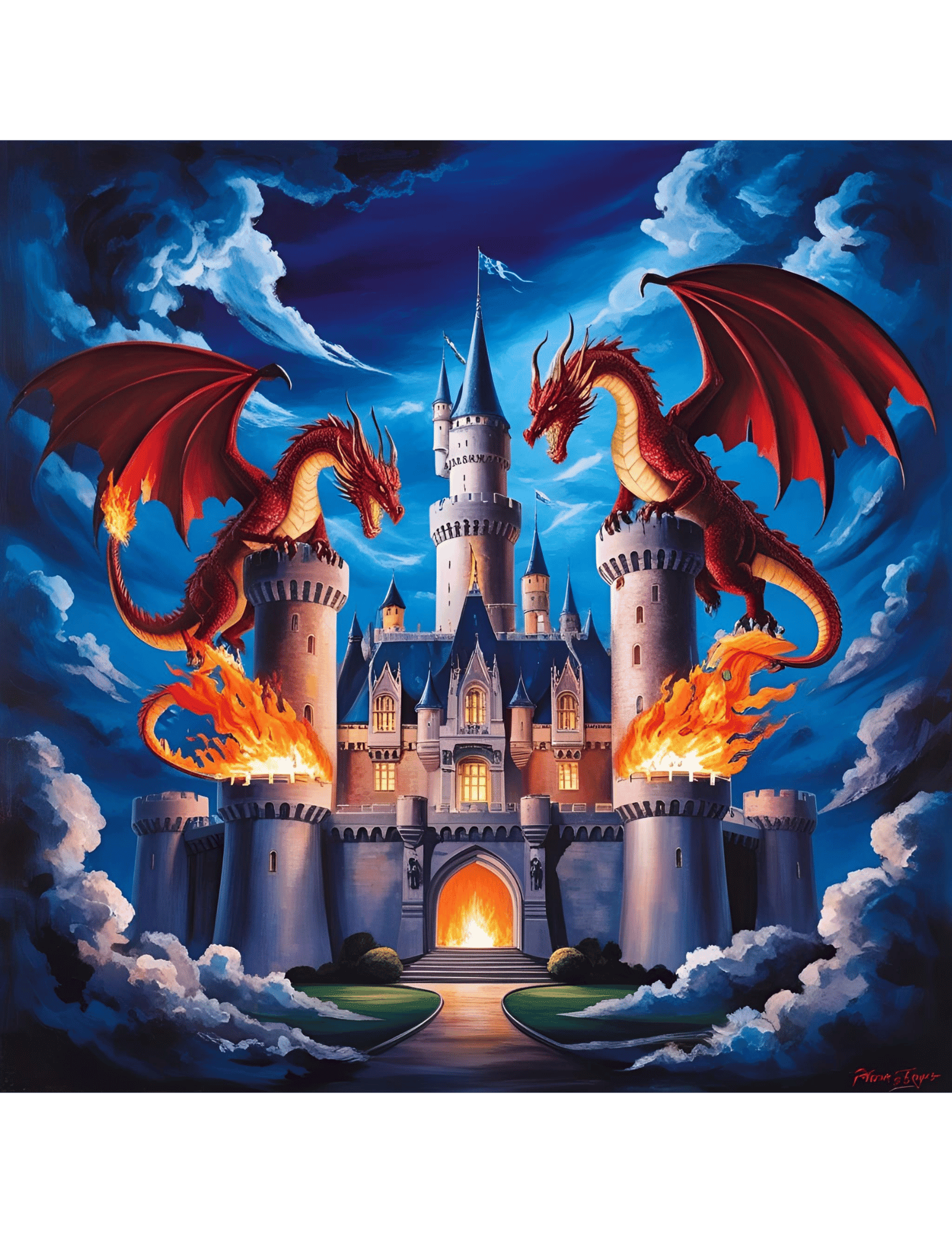 Fantasy castle with two dragons flying above it against a blue sky.