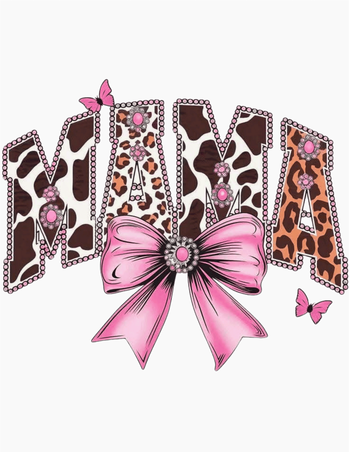 Leopard print letters spelling 'MAMA' with a pink bow and butterflies on a dark background