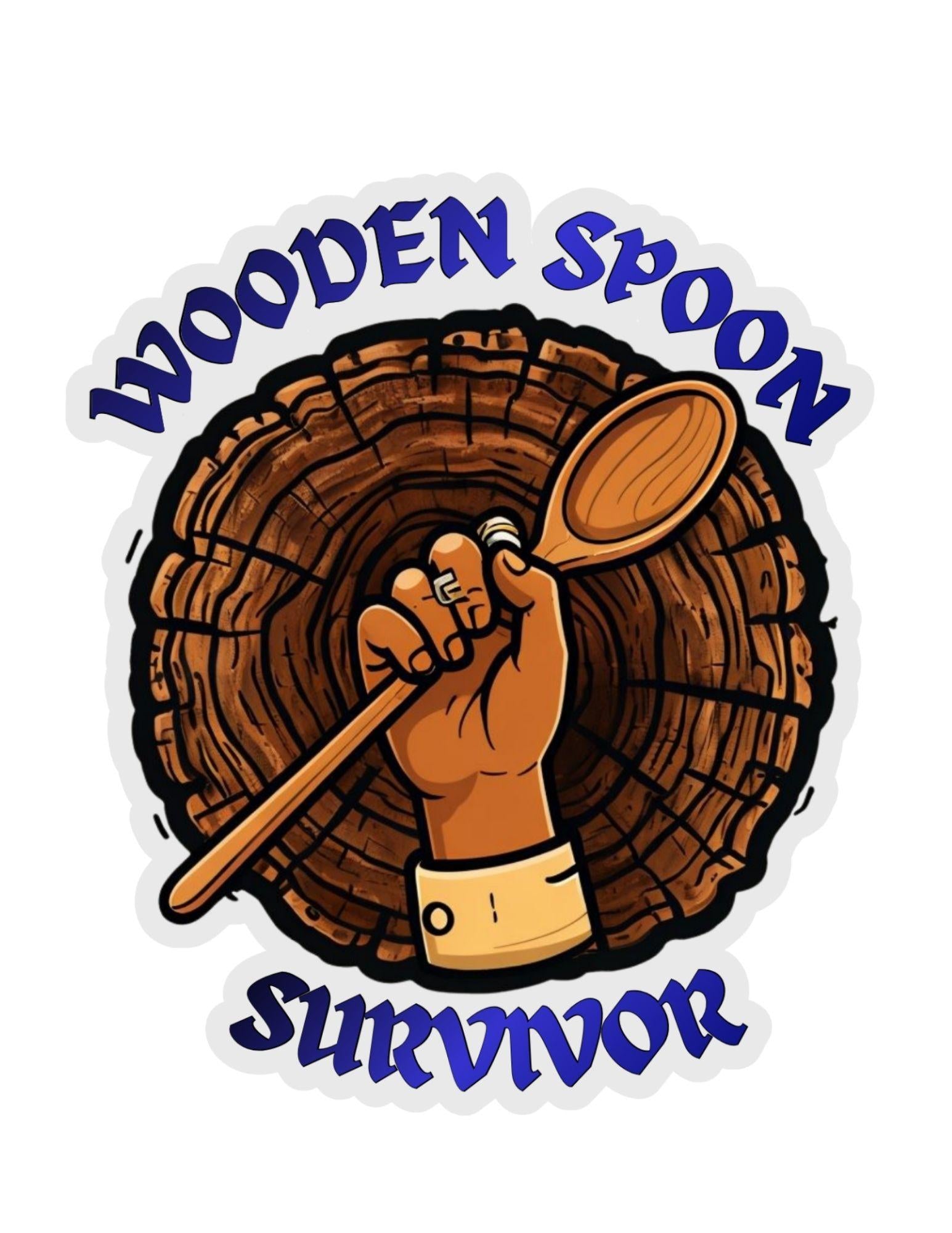 Logo with a hand holding a wooden spoon inside a circular cutout of a wooden spoon, with 'Wooden Spoon Survivor' text.