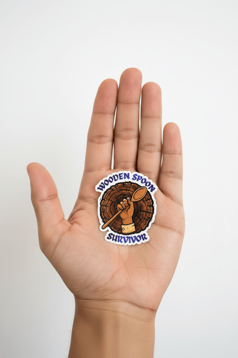 Logo with a hand holding a wooden spoon inside a circular cutout of a wooden spoon, with 'Wooden Spoon Survivor' text.
